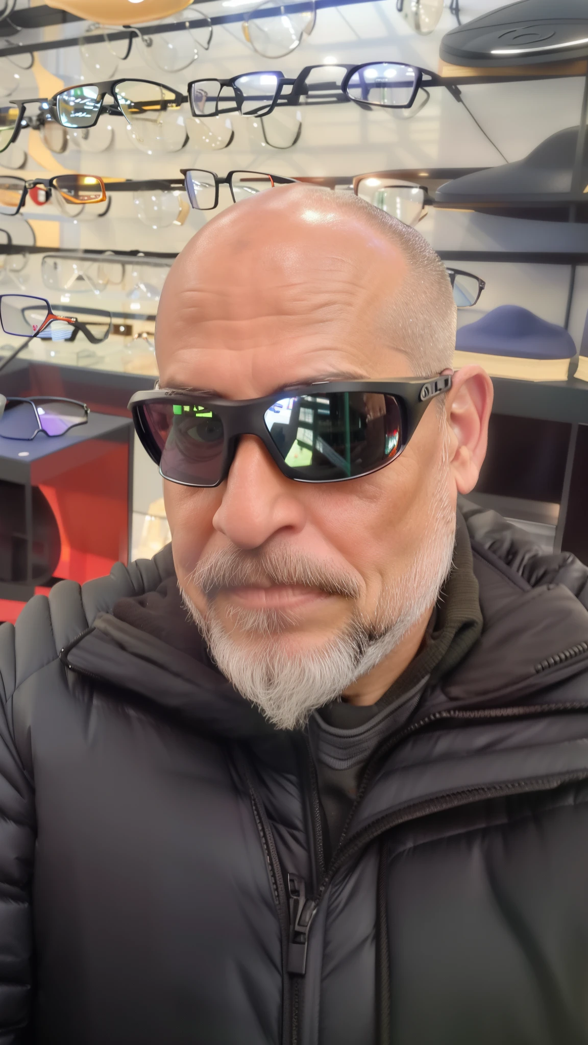 there is a man with a beard and glasses sitting in a store, wearing oakley sunglasses, with glasses and goatee, taken in the early 2020s, Reflexo do iPhone na viseira, Foto de perfil, implanted sunglasses, olhando heckin legal e elegante, foto de perfil, Homens de 45 anos, wearing shiny black goggles, Estilo de Greg Rutkowski
