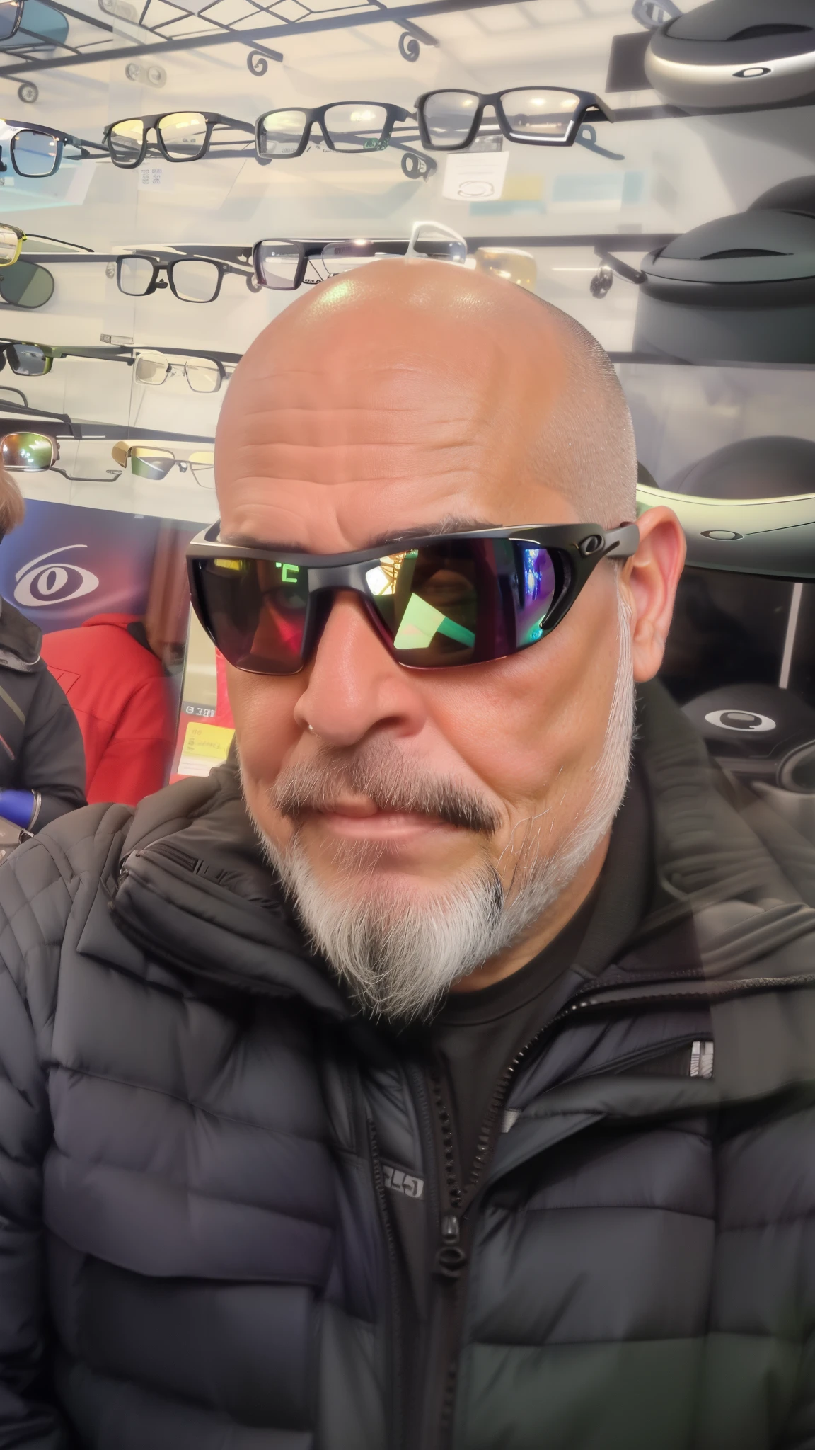 there is a man with a beard and glasses sitting in a store, wearing oakley sunglasses, with glasses and goatee, taken in the early 2020s, Reflexo do iPhone na viseira, Foto de perfil, implanted sunglasses, olhando heckin legal e elegante, foto de perfil, Homens de 45 anos, wearing shiny black goggles, Estilo de Greg Rutkowski