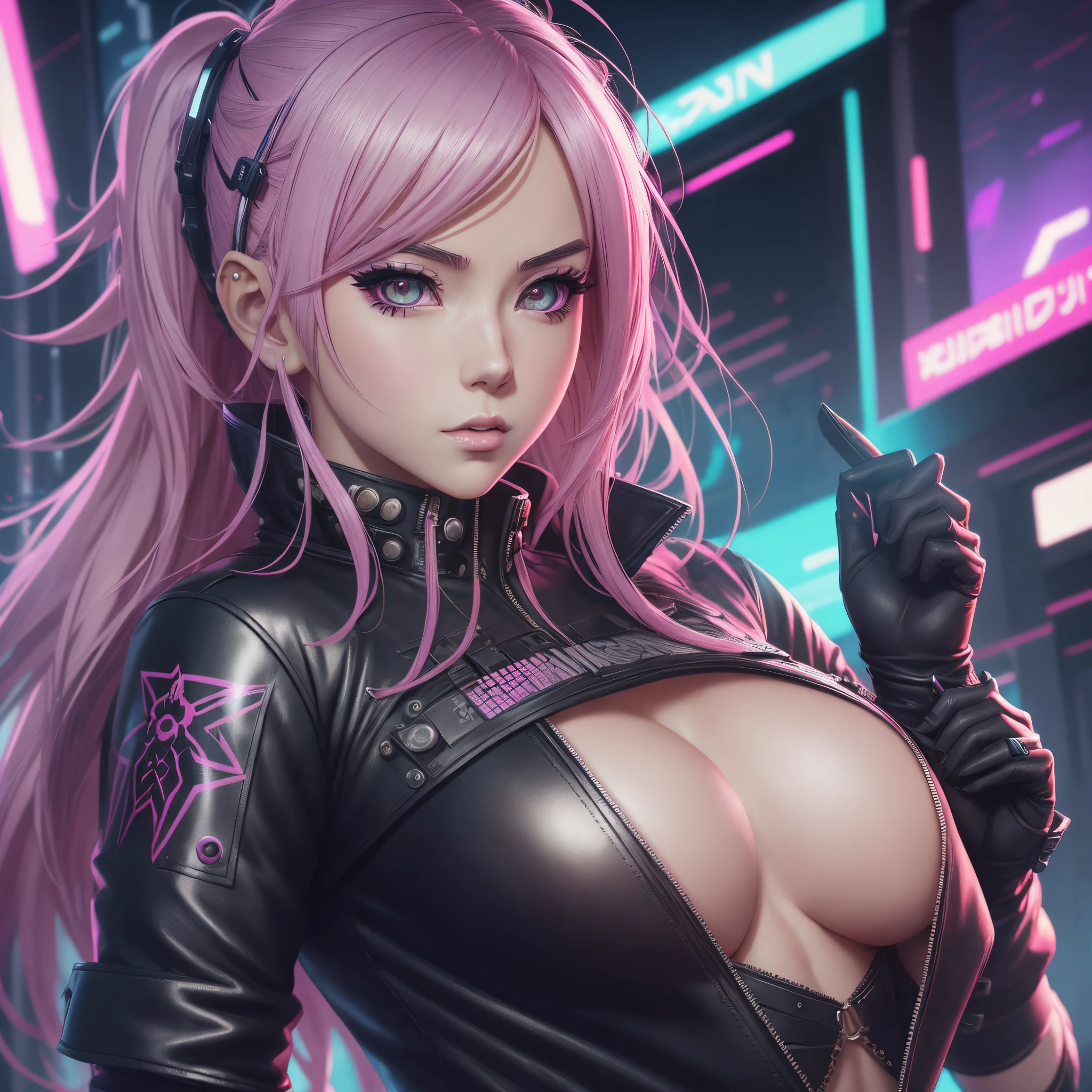 anime - style image of a woman in a leather outfit with a tattoo on her chest, oppai cyberpunk, cyberpunk 2 0 y. o model girl, female cyberpunk anime girl, cyberpunk anime girl, digital cyberpunk anime art, trending on cgstation, cyberpunk anime art, digital cyberpunk - anime art, anime cyberpunk art, cyberpunk girl, cyberpunk beautiful girl, in cyberpunk city, anime girl in real life, ross tran style, ava max, anime girl cosplay, amouranth, seductive anime girl, belle delphine, ross tran 8 k, in the style of ross tran, artgerm and lois van baarle, better known as amouranth --auto --s2