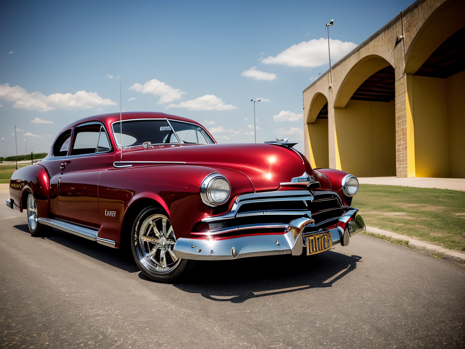 DIAGONAL CAMERA, obra prima, A beautiful 18 years old girl that driving a mercury monterey 1950 , hotrod, hotrod,, COR vinho cromado METALICO reflexivo, cor vinho, estilo stalone cobra , a pintura reflete a luz do sol, reflexo do brilho da luz na pintura, has GOLDEN WIDE STAR WHEEL is on fire, rodas grossas e largas, ridiculously lowered suspension at the front, dentro de uma garagem com paredes brancas, imagem em pose diagonal