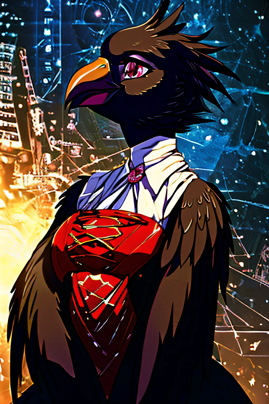 16k, HD, Professional, Highly Detailed, ((Masterpiece: 0.3)), (((High Quality))), Ultra-detailed face, Highly Detailed Lips, Detailed Eyes, full body, crow girl, black feathers, pink eyes, beak, black feathers, dress