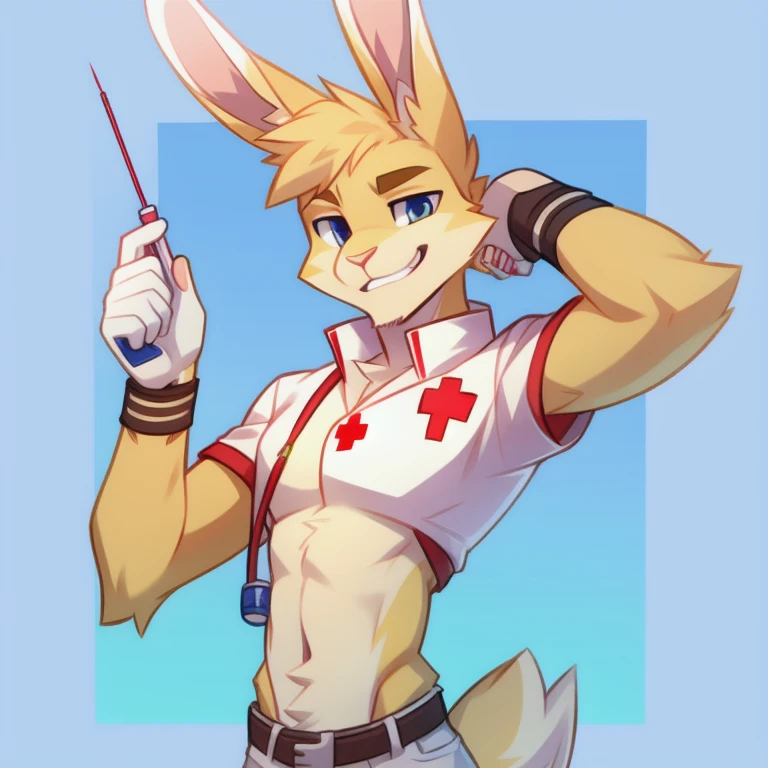 solo, male, rabbit, yellow colored fur, lean body, Anthropomorphic rabbit, medic Hellmat, needle mounted on wrist, unphased expression, femboy