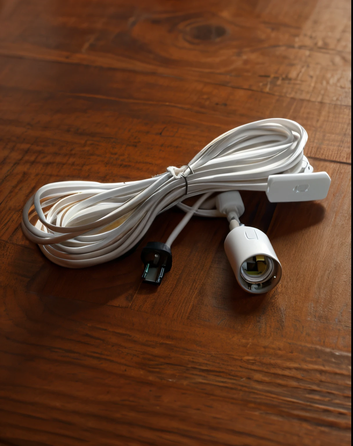 White power socket on wooden table