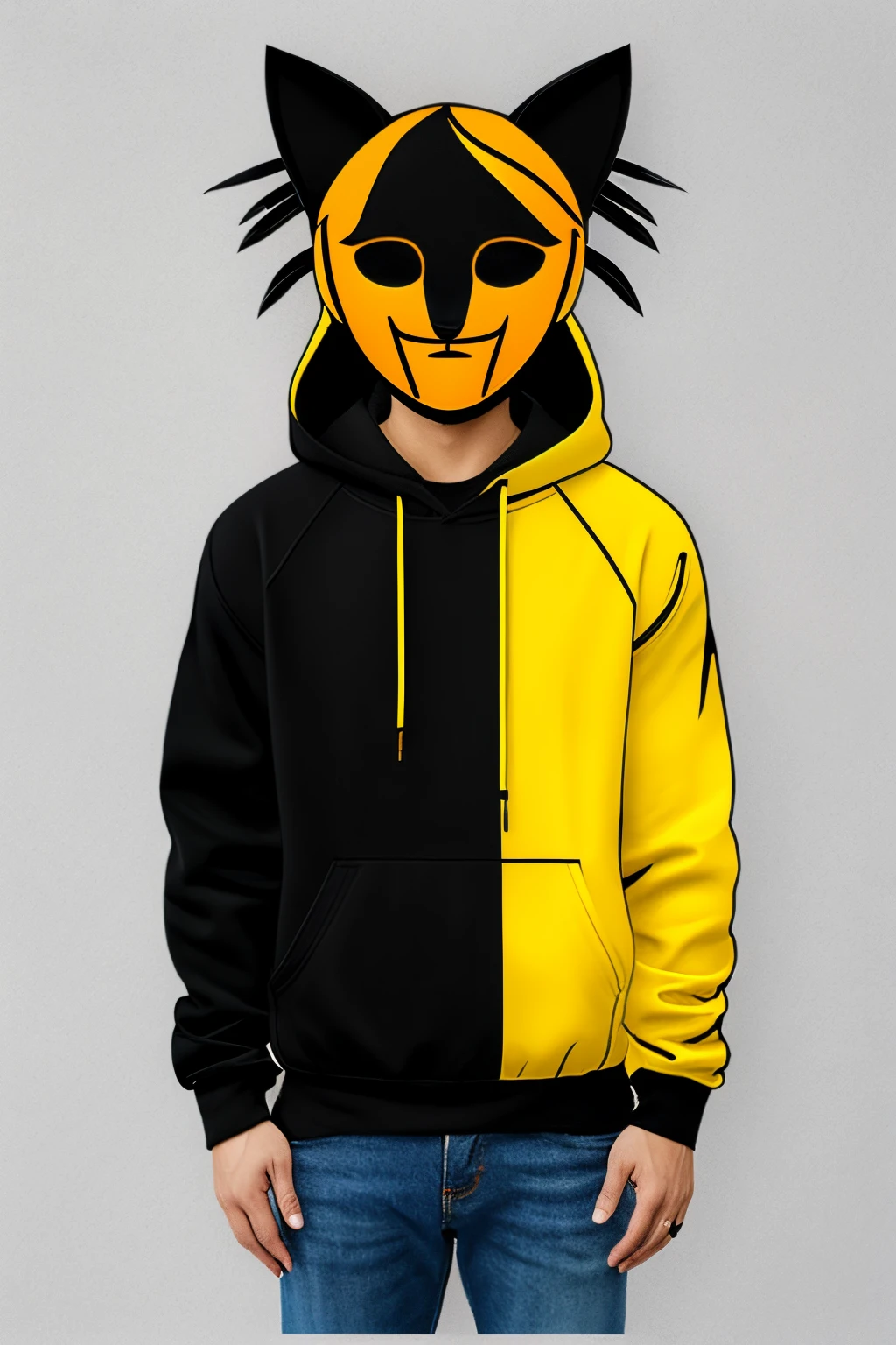 A small chibi shadow man in a black hoodie with yellow accents and whispy white eyes and cat ears