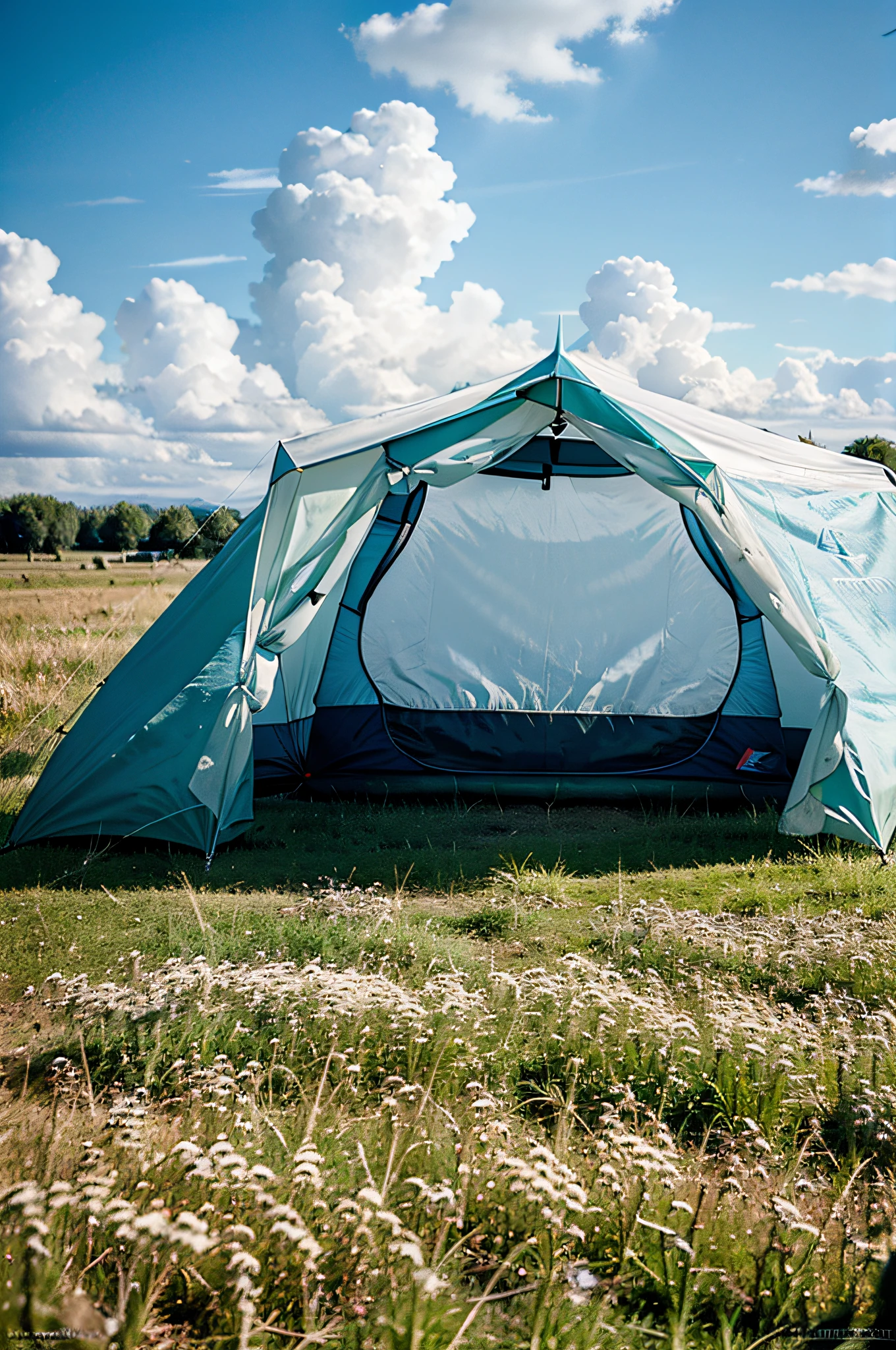 Tent, grassland, blue sky and white clouds