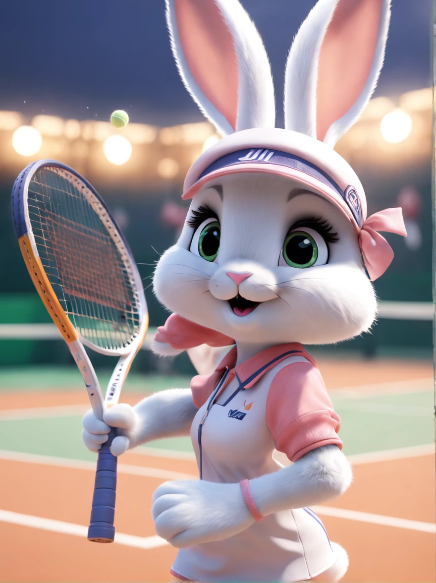 tmasterpiece， Best quality， （VerydetailedCG），（8k wallpaper）， （Best quality）， （Best Best Illustration），Judy Rabbit is playing tennis