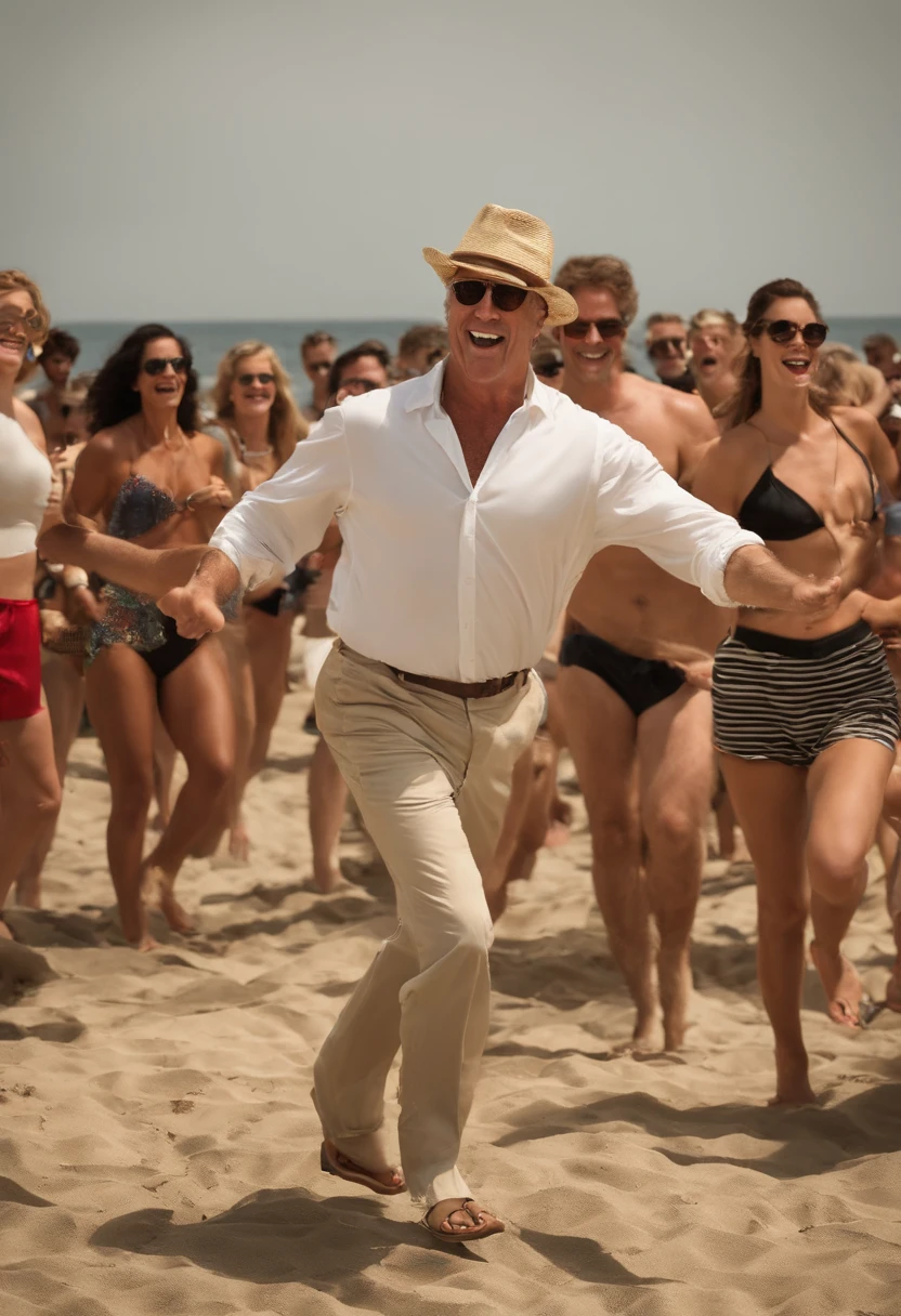 A photo of Frank the Tank leading a conga line at a beach party,Old School,Frank, famously known as “Frank the Tank” from the movie “Old School,” played by Will Ferrell, is depicted as an average, middle-aged man who often dresses in casual, nondescript clothing. His look is typical of a suburban, everyman character, with a slightly disheveled style that becomes more pronounced during his wilder moments. In contrast to his usual mundane appearance, Frank’s transformation during his party scenes, where he’s often seen shirtless or in outlandish costumes, highlights the duality of his character.