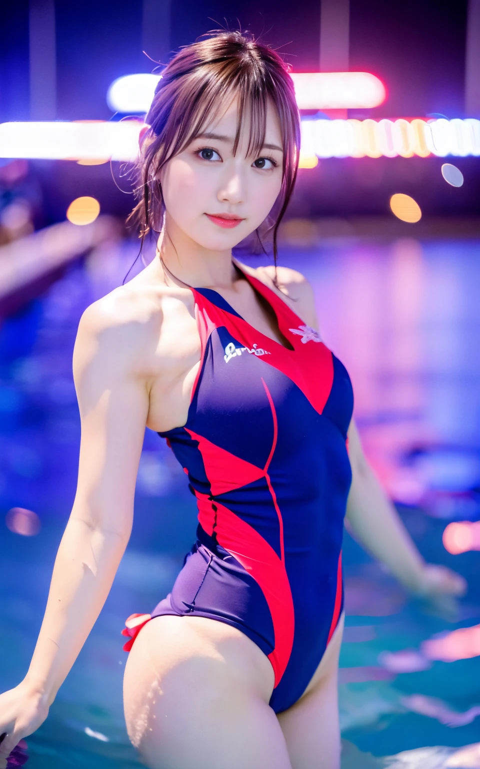 Highly detailed CG Unity 8k wallpaper, top quality, super detailed, masterpiece, realistic, photorealistic, very detailed cute girl, (25 years old), blush, round eyes, small breasts, viewer, semi-body shot, swimming race suit, swimming race venue , look back