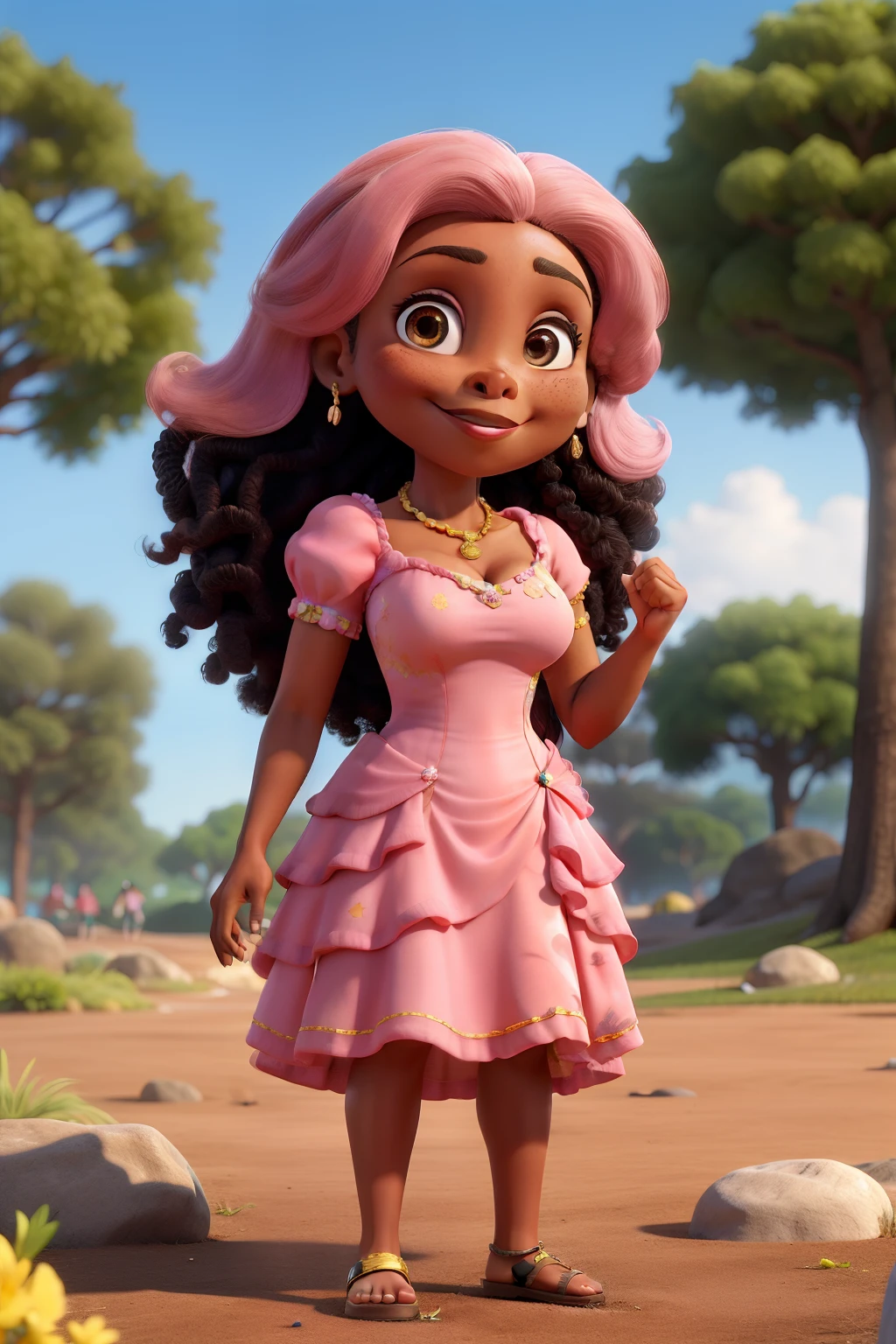 Obra-prima, de melhor qualidade, uma mulher de pele escura, cabelo na altura do ombro com mechas loiras, wearing a pink dress and ring on her left finger, Standing in the park
