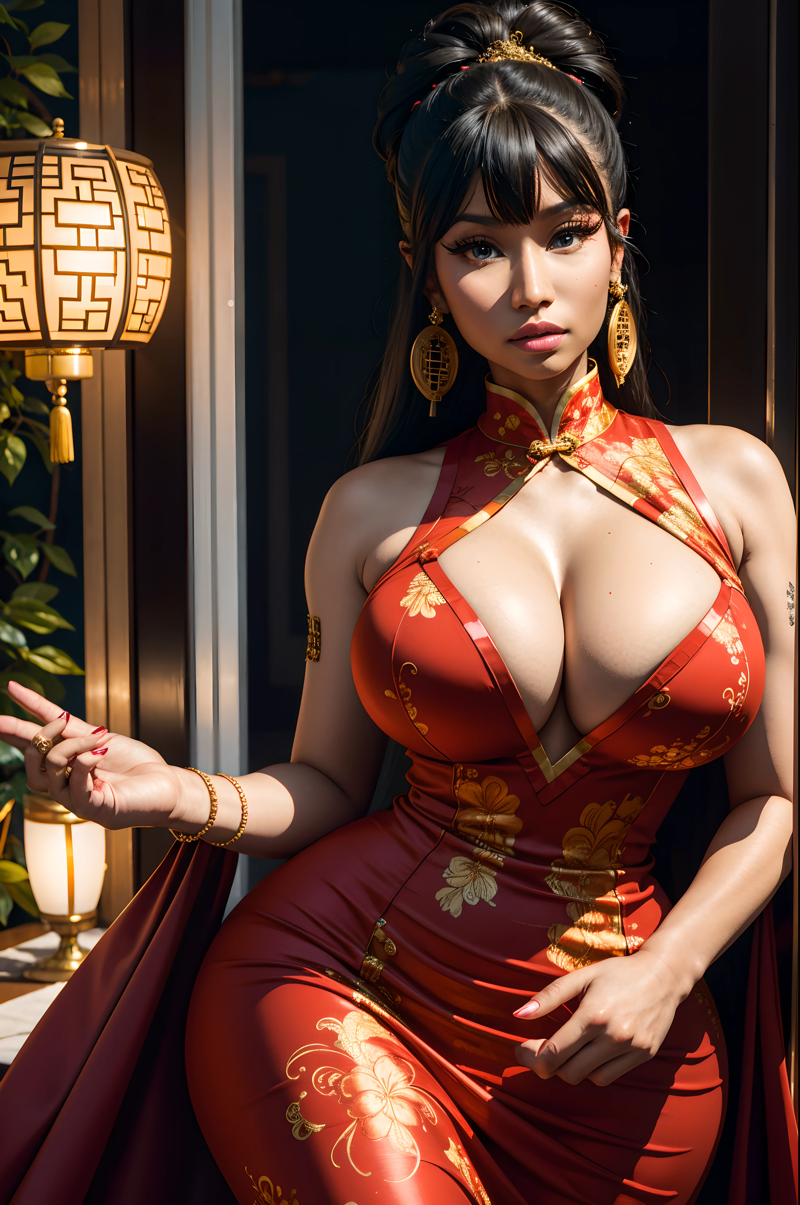 (((Nick Minaj))) wearing a cheongsam, (((masterpiece))), ((best quality)), ((intricate detailed)), ((Hyperrealistic)), absurd res, milf, mature woman, perspective, highly detailed, illustration, 1girl, ((large breasts)), perfect hands, detailed fingers, beautiful detailed eyes, updo hair, brown eyes, ( sexy chinese dress:1.2), earrings, detailed background, perfect eyes, seductive eyes, looking at the viewer, from front