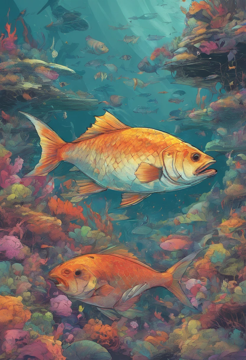 Medium-sized fish(Such as mullet) Obvious mullet characteristics Deep sea pollution Radioactive waste Ecosystem collapse Broken food chain Unnatural colors Corroded rind Bright warning colors Rethinking our behavior Striking visual metaphors Missing fins