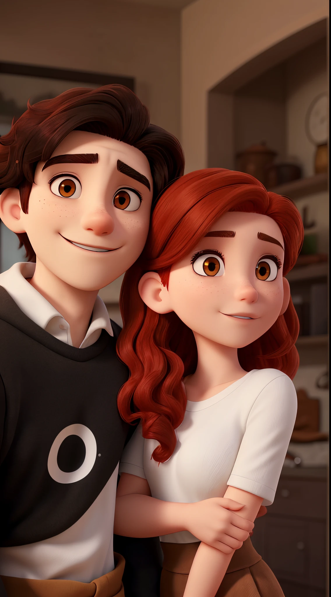 a couple, a woman with red hair, light brown eyes, white skin, a man with black hair, white skin, brown eyes