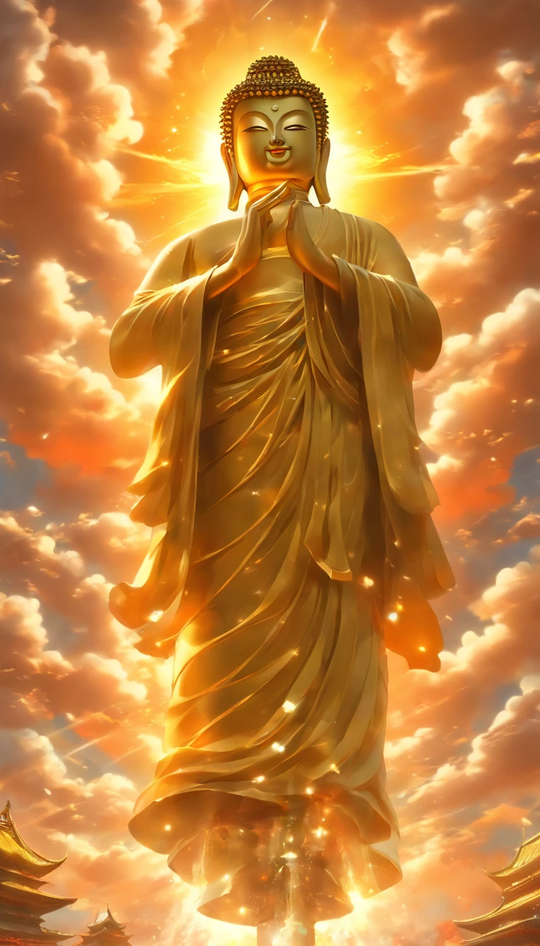 A huge golden Buddha statue soars into the sky，imposing，There are 32 stages in Buddhism，Length and ergonomic proportions of the cervical spine,，Pilgrims on the road，浅笑,Porcelain style，In the distance, Ultra-realistic realism, stereograms, Tachi-e, atmosphric perspective, hyperphotorealism, Cinematic lighting, God Light, super detailing, ccurate, Best Quality, masutepiece, 1.60,000, high detal, hight resolution, Awarded, super detailing, tre anatomically correct