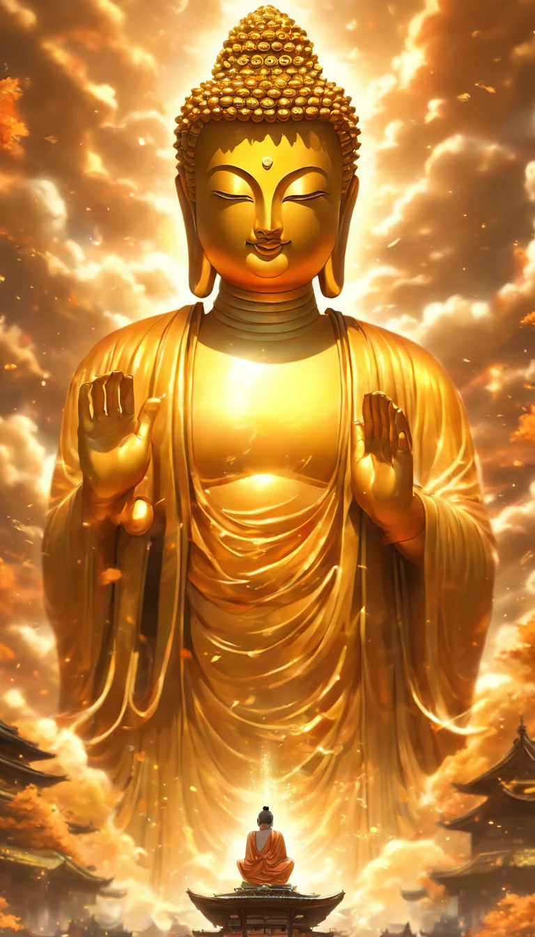 A huge golden Buddha statue soars into the sky，imposing，There are 32 stages in Buddhism，Length and ergonomic proportions of the cervical spine,，Pilgrims on the road，浅笑,Porcelain style，In the distance, Ultra-realistic realism, stereograms, Tachi-e, atmosphric perspective, hyperphotorealism, Cinematic lighting, God Light, super detailing, ccurate, Best Quality, masutepiece, 1.60,000, high detal, hight resolution, Awarded, super detailing, tre anatomically correct