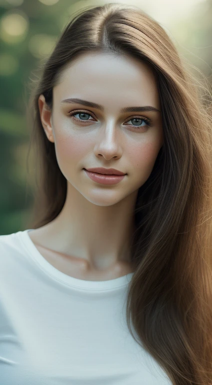 (masterpiece), a stunning intricate real camera portrait of dasha taran wearing white tee, masterpiece, best quality, unity 8k wallpaper, ((photorealistic:1.4)), ultra detailed, extremely detailed, elegant, beautiful, romanticism, 1girl, alluring,(closed smile), pale skin, ((brown eyes)), black long hair, (hair blowing with the wind), ((detailed hair)), front shot, face focus, film grain, Fujifilm XT3, realistic pores_skin,