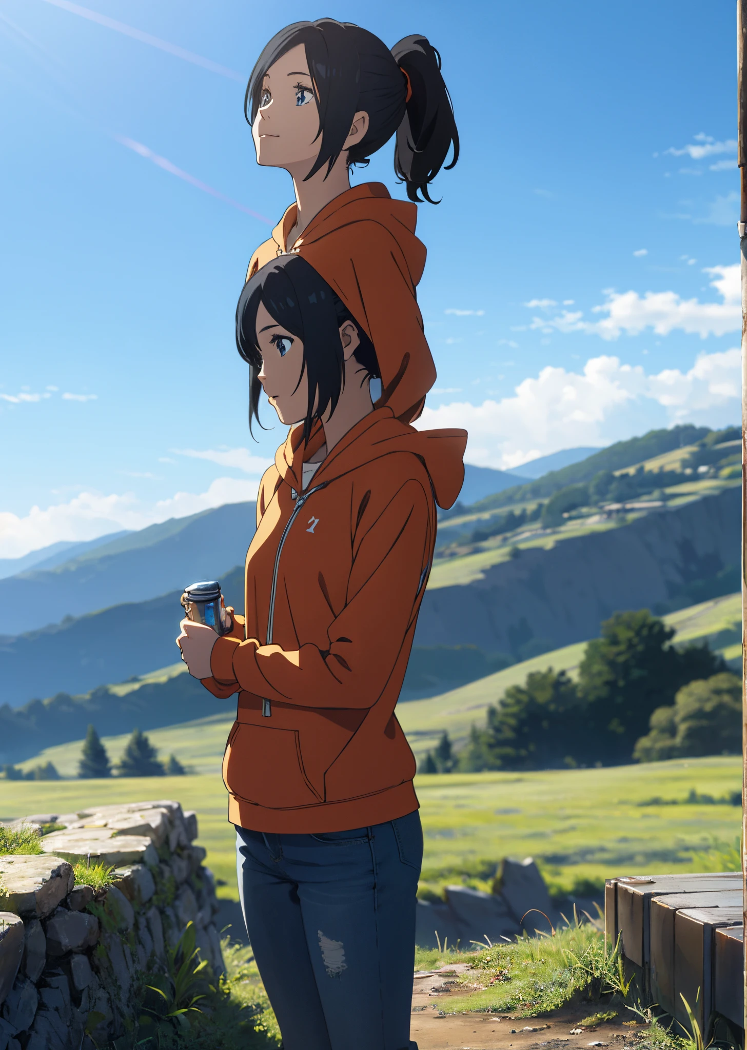 A chuby Hispanic girl with short hair black hair in a ponytail and blue eyes is standing in the middle of nowhere outside. She has a hoody and jeans on as she looks on to nowhere. She is standing in the middle of the picture on a cliff in front of the night blue sky. She has soft eyes and a small Smile as she looks up holding a light blue book tightly in her arms. Anime style