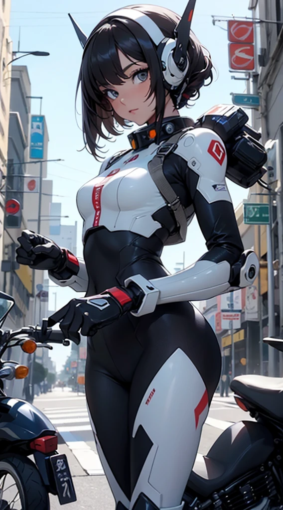 the highest picture quality, Detalles destacados, Ultra-high resolution, (Fidelidad: 1.4), The best illustration, Detalles del favor, Altamente condensado 1girl, con un rostro delicado y hermoso, vestido de mecha blanco y negro, Llevar un casco mecha, Holding a direction controller, Conducir en una motocicleta, The background is a high-tech lighting scene of the future city..