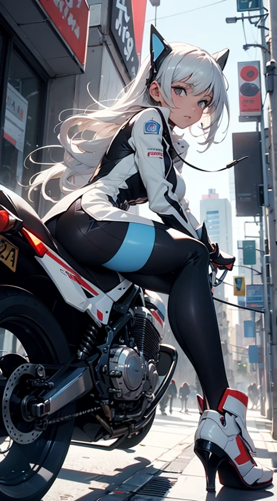 the highest picture quality, Detalles destacados, Ultra-high resolution, (Fidelidad: 1.4), The best illustration, Detalles del favor, Altamente condensado 1girl, con un rostro delicado y hermoso, vestido de mecha blanco y negro, Llevar un casco mecha, Holding a direction controller, Conducir en una motocicleta, The background is a high-tech lighting scene of the future city..