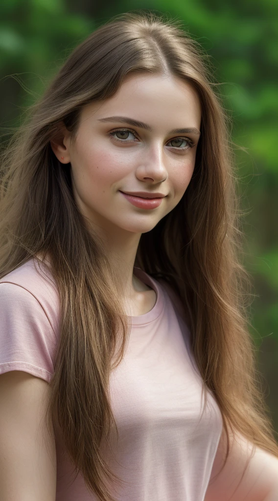 (masterpiece), a stunning intricate real camera portrait of dasha taran wearing pink metallic tee, masterpiece, best quality, unity 8k wallpaper, ((photorealistic:1.4)), ultra detailed, extremely detailed, elegant, beautiful, romanticism, 1girl, alluring,(closed smile), pale skin, ((brown eyes)), black long hair, (hair blowing with the wind), ((detailed hair)), front shot, face focus, film grain, Fujifilm XT3, realistic pores_skin,