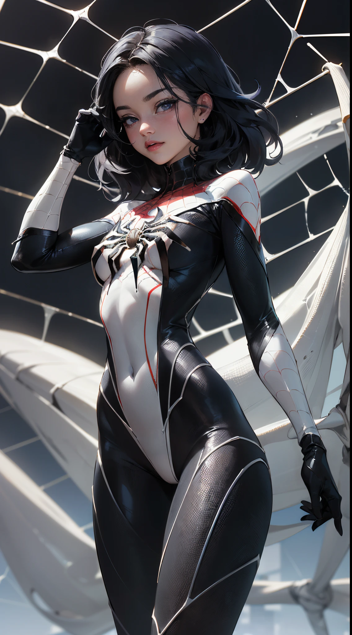 (obra maestra、4k-resolution、Un hiperrealista、ighly detallado、Dale la espalda), (White superhero theme、carisma、There&#39;s a girl dressed as white spider-man over the city.、de espaldas。she is a superhero)、 [((25-years old)、(Pelo largo y negro de cola de caballo:1.2)、cuerpo completo Esbian、(ojos azules:1.2))、((Entorno urbano arenoso):0.8)|(Un paisaje urbano、Noche、dynamic light)、(luna llena)]#ilustrar:Indications are mainly ultra high definition、Muy real、Describe pinturas 4K altamente detalladas。A superheroine in a white Spiderman costume is depicted high above the city.。The subject of the photo is black superheroes。(spider web woven background:1.4),(fondo ciudad rascacielos Tokio apocalyptic:1.4)