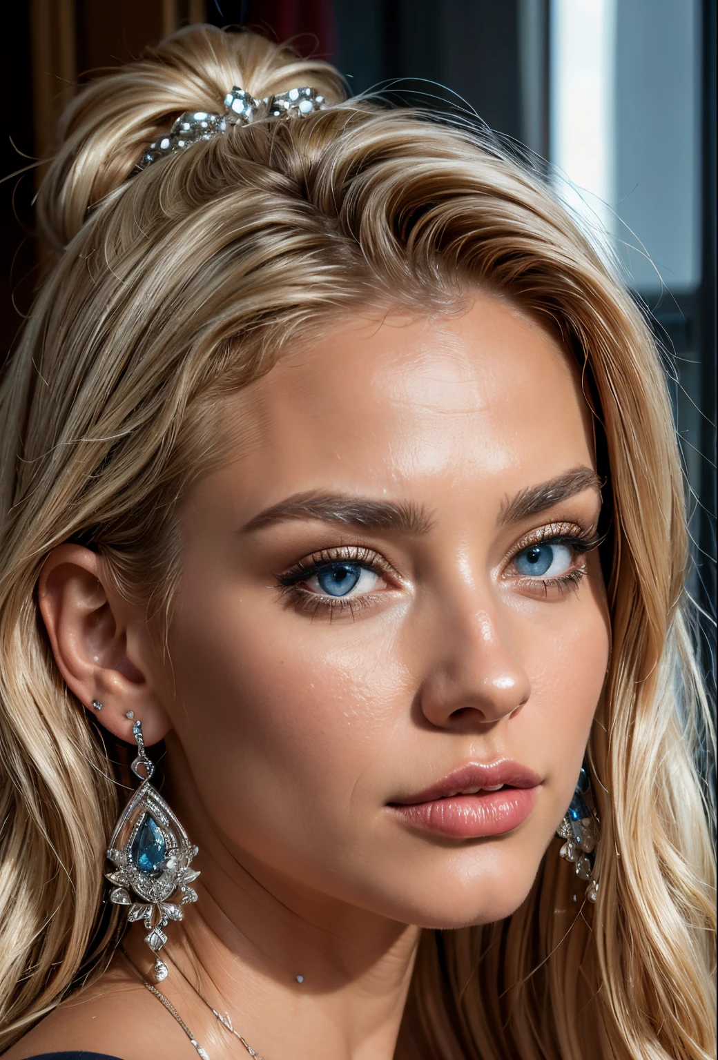 (masterpiece, best quality), intricate details, realistic, photorealistic, a close up of a woman wearing earrings, inspired by Emma Andijewska, draped in crystals, silver color, long earrings, sandra chevier, huge earrings, 2019, blue-eyed, platinum jewellery, earring, flawless structure, silver earring,