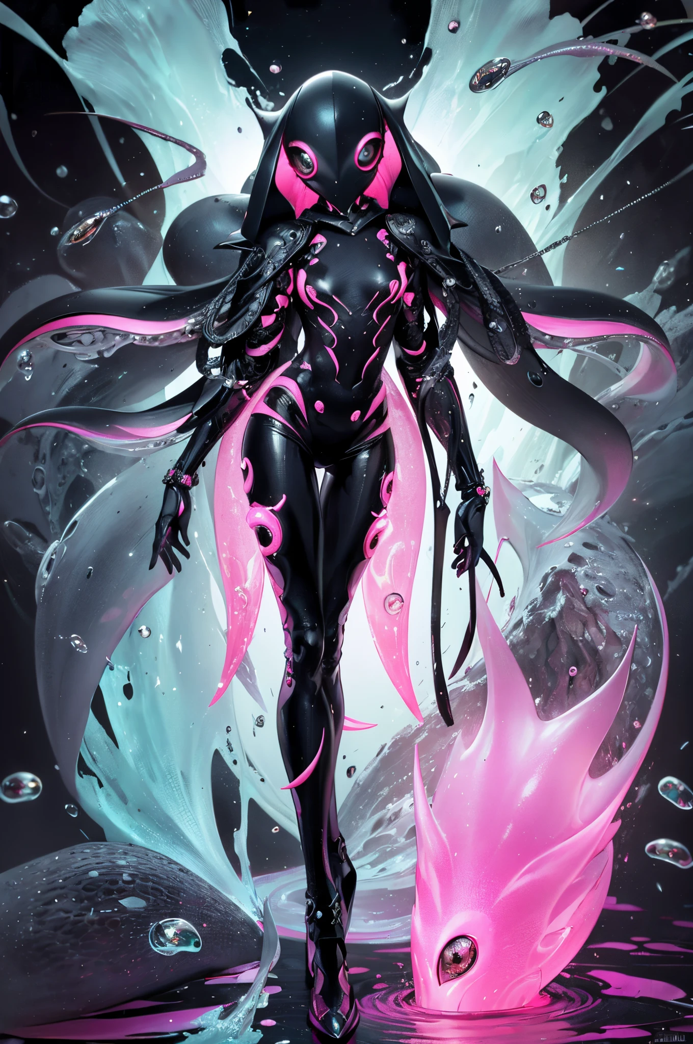 A humanoid squid. Black body with pink subcolor. Feminine. Shiny. Emits light. lips. Full body image.