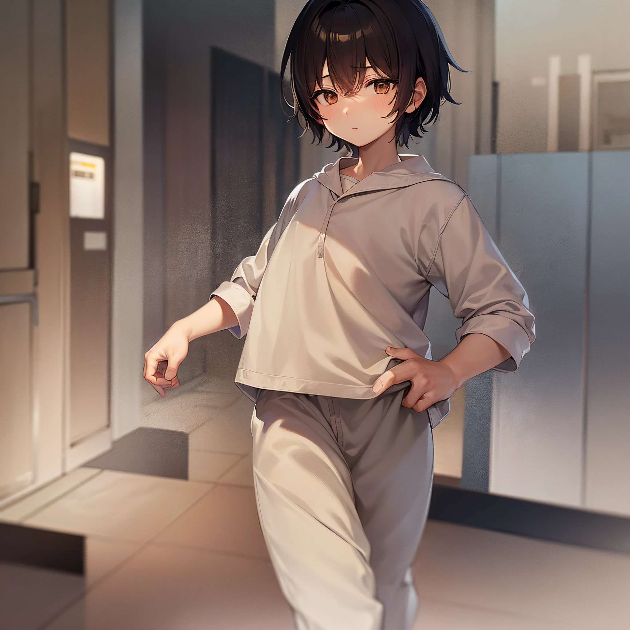 Anime quality, hospital background, little boy, expressionless face, medium-sized hair, golden eyes, white pajamas with basketball logos decorated on them