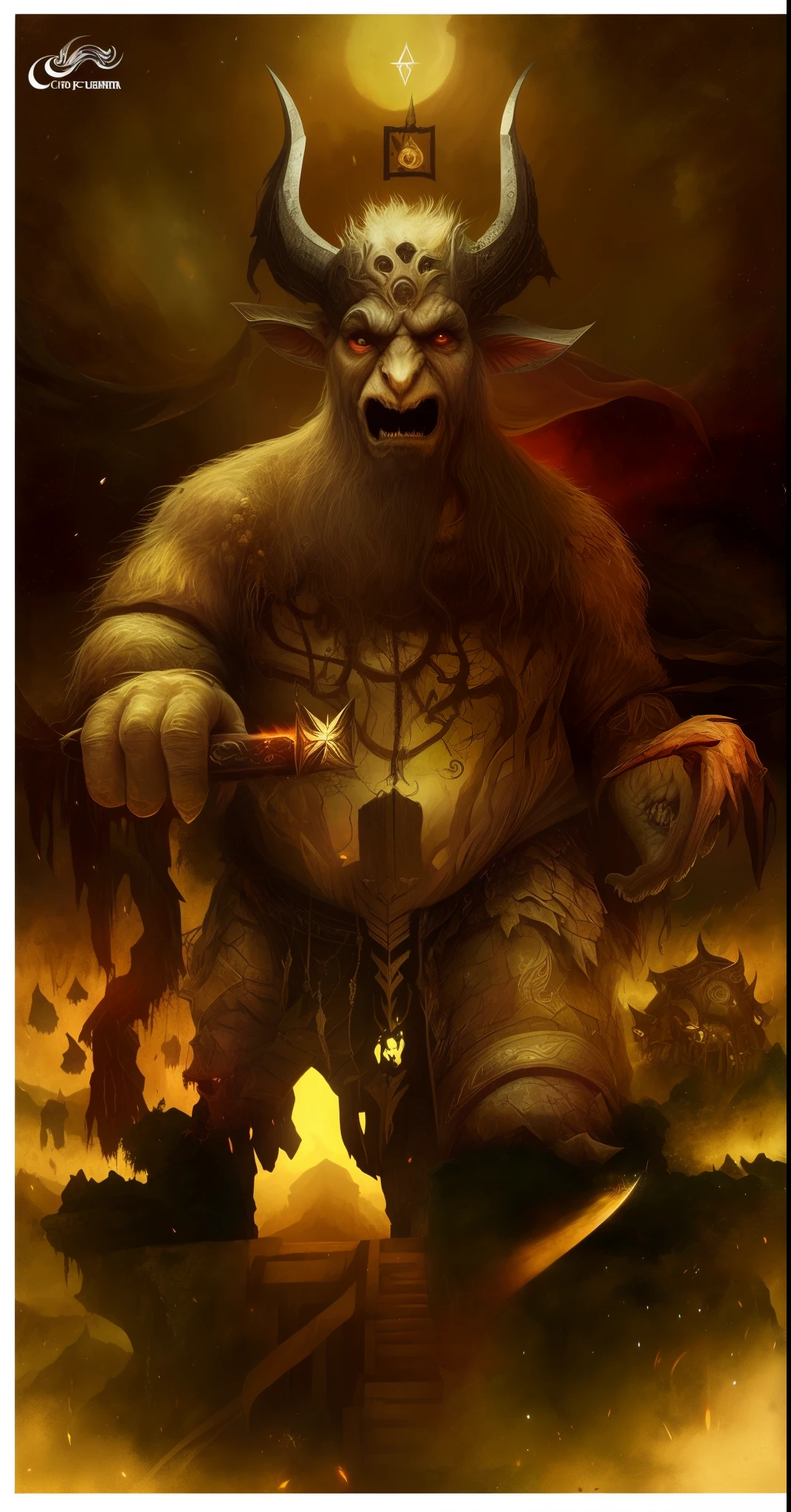 there is a large creature with horns and a knife in its hand, fat ripped satanic creature, epic full color illustration, Fungal Deus, um monstro de cardo humanoide, Symmetrical Epic Fantasy Art, an ominous fantasy illustration, the beast of judgement, no estilo da arte da fantasia sombria, Epic Fantasty Card Game Art, Criatura de Golem de Fogo, nightmarish illustration