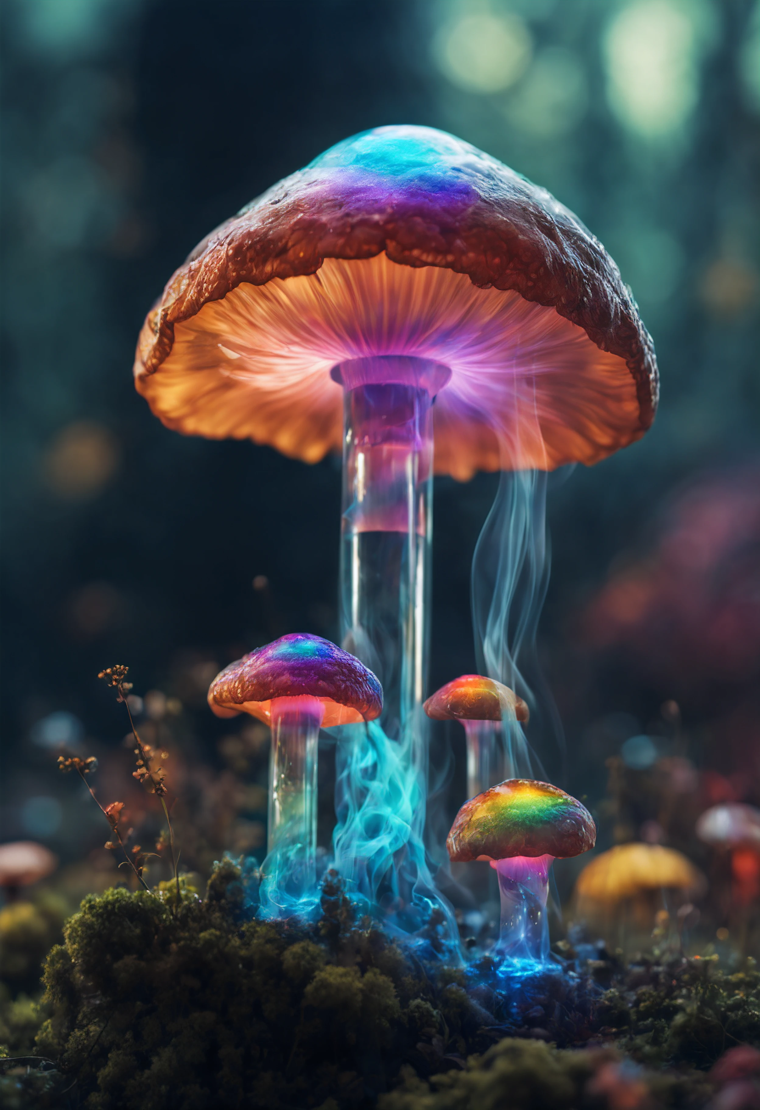 The main mushroom is made of glass、、(((The glass mushroom is filled with rainbow-colored smoke.)))、Mesmerizing surreal movie stills of Alice in Wonderland,、 magical dreamland bokeh background, A fascinating and eerie fantasy world, Illuminates dark shooting scenes with fantastic light。, Otherworldly elements of a familiar story, ether wonderland, mystic atmosphere, Dark magic and dark fantasy realism aesthetics, translucent bioluminescent material、Otherworldly luminescence、((Born in another world、A strangely shaped poisonous mushroom that emits bewitching smoke..,)) Ultra-realistic, (Voronoi pattern, depth of fields, (swirly bokeh:1.275), (Kodak Portra 400:0.875) :1.15), (Realistic and complex futuristic background,), (Turbulent Toxic Vapor:1.2, Magnificent surrealism, iridescent lighting, low key light:1.1), Notable masterpieces, celestial, Ethereal, epicd, Magical Light Flare, Natural, soft dreamy lighting, ((Warm Yellow and Deep Carbon:0.7), (Cinematic Look:1.15):1.15)