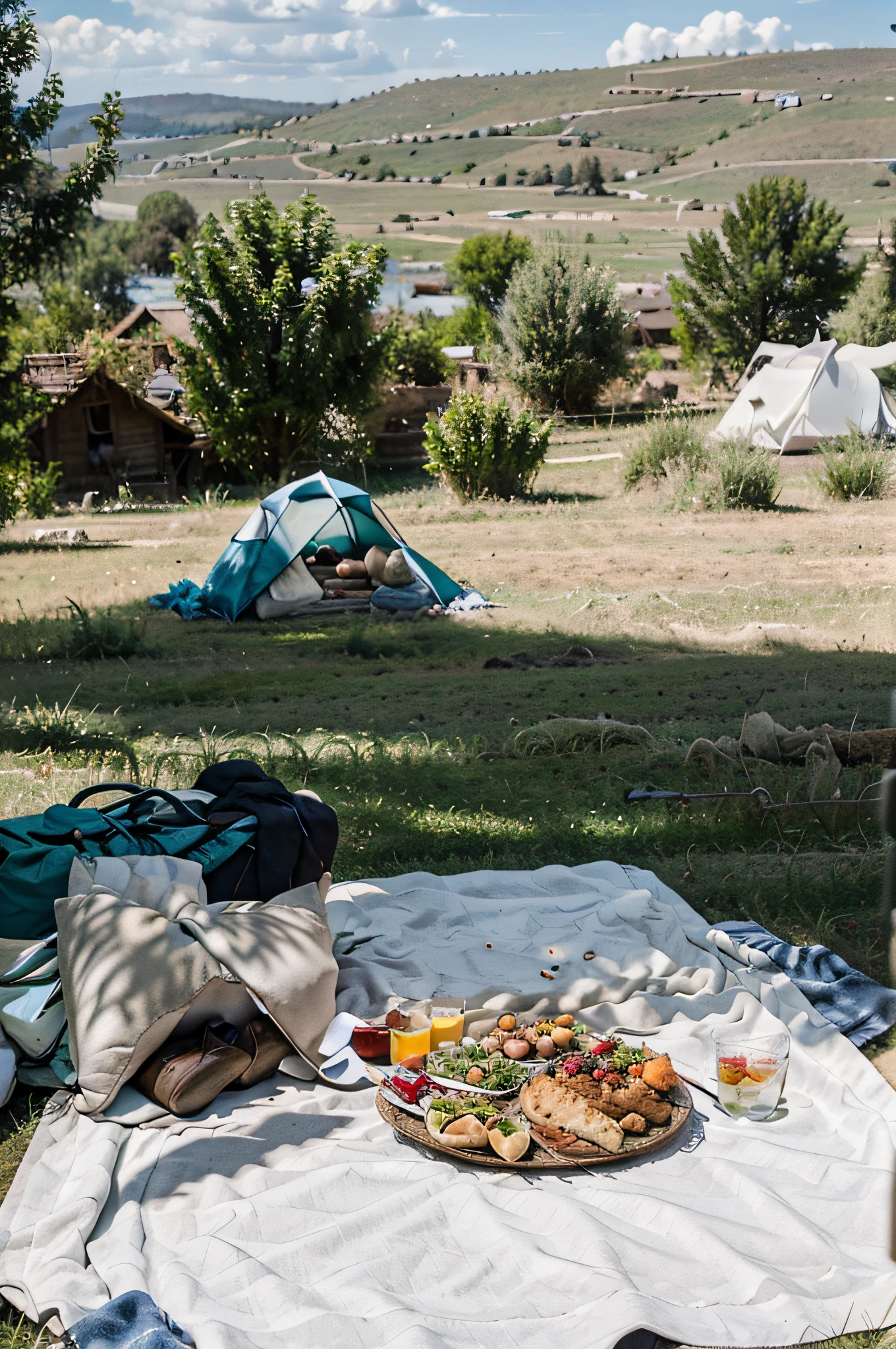 Picnic, turkey, Thanksgiving, tent, blue sky and white clouds, grassland
