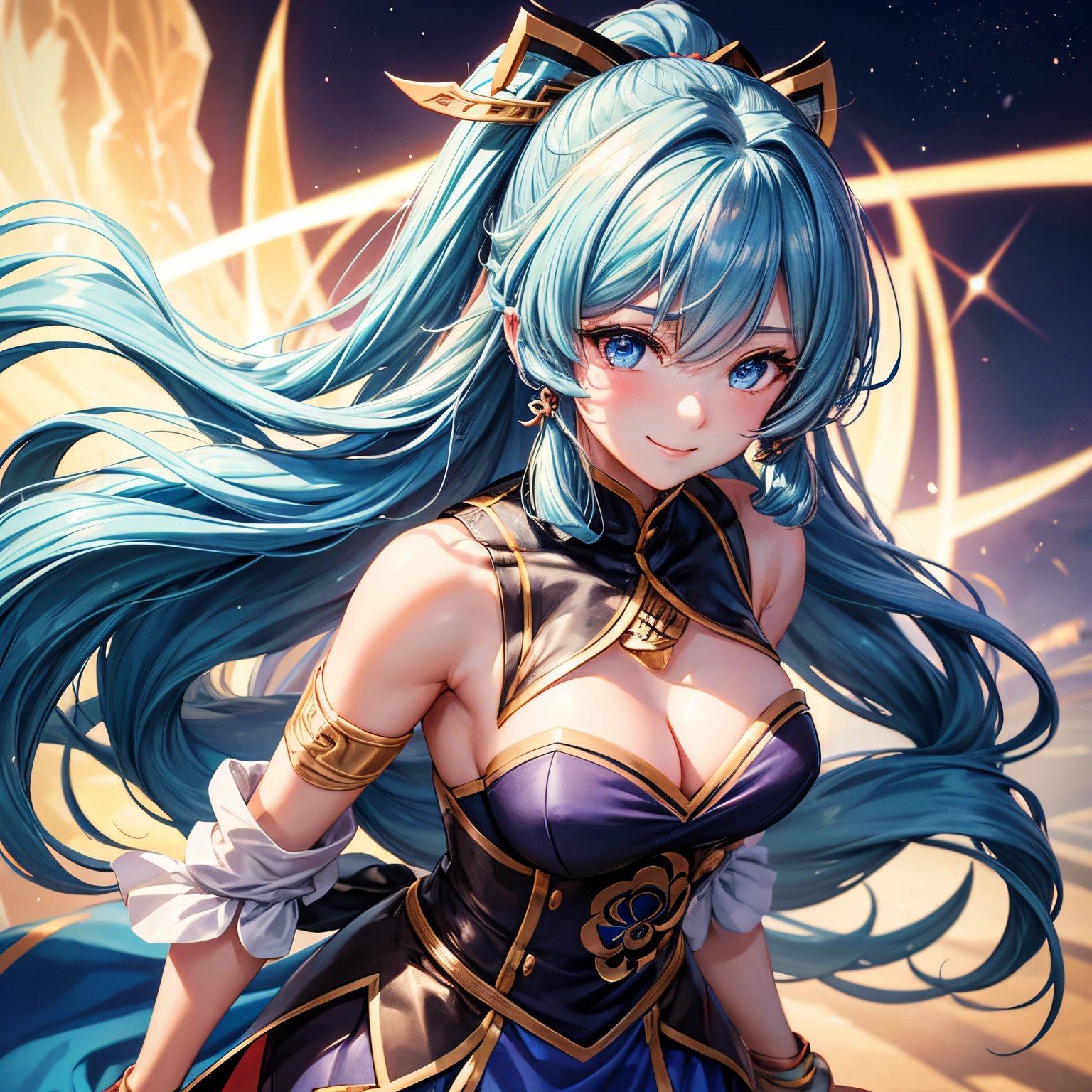 (tmasterpiece), (Best quality), (ultra - detailed),(Unkheveled hair),(illuminations), (1 busty girl), Eternal, Smiling, beautidful eyes, light blue  eyes, Detailed beautiful face, (Ayaka Kamisato: 1.2), Focus on the face,  pony tails, Ayaka Kamisato(genshin impact), lightblue hair, detailed hair, through bangs, best illuminate, The best shadow, The content is very detailed, A vibrant one