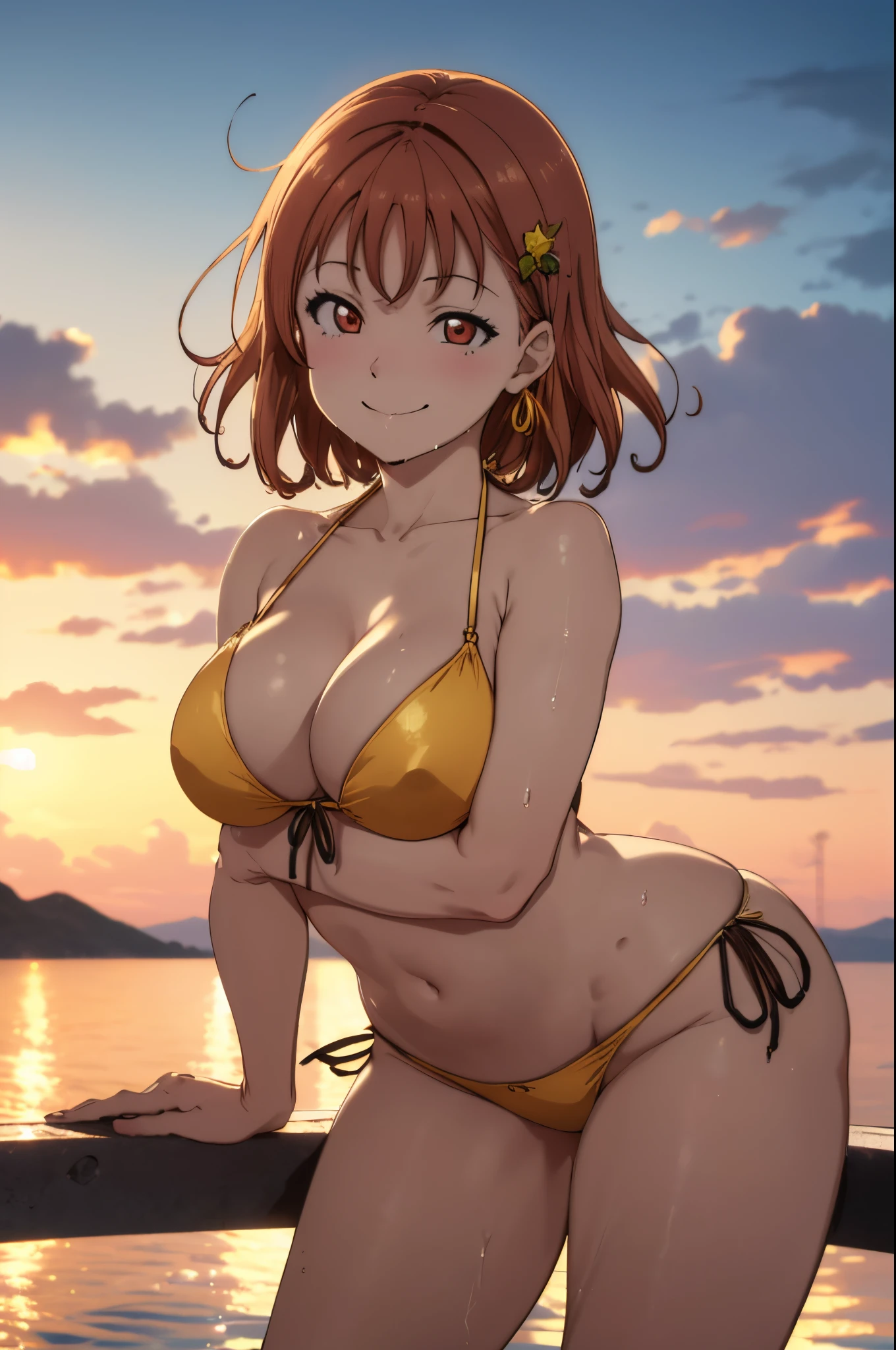 (best quality,4k,8k,highres,masterpiece:1.2), ultra-detailed, sunset ,bent over, big breasts, takami chika, (yellow side-tie bikini),  slightly smile, Blushing, thighs, cowboy shot, hair ornament, sea in background,wet