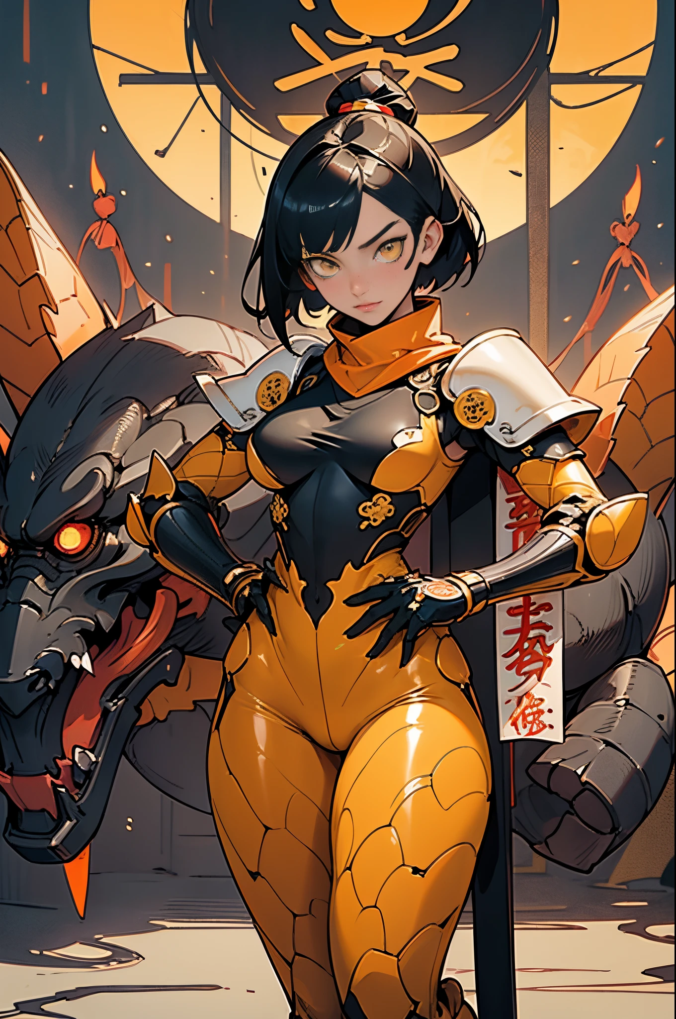 [Shinjuku background at night],Ginrei from Giant robot, (HENTAI ANIME) (Japanese NINJA Girl (Beauty) 19yo student) petite and muscular [Slim & fit body], Short Bob Cut,([hornet] Orange Ninja Battle Armor) scarf [stall] ((Fitting rubber inner) [honeycomb] [edg]) hair adornments (Dull metallic luster:0.8),gravure [KUNOICHI],(Perfectly proportioned),Ideal color coordination),(Intricate and beautiful decoration (Dense detail)),[Perfect hand details],(Beautiful perfect face, yellow eyes, yellow irises, [Perfect eye details, [Full body like], fit thighs, thigh gap,[[Desaturation]], pretty hands, perfect fingers