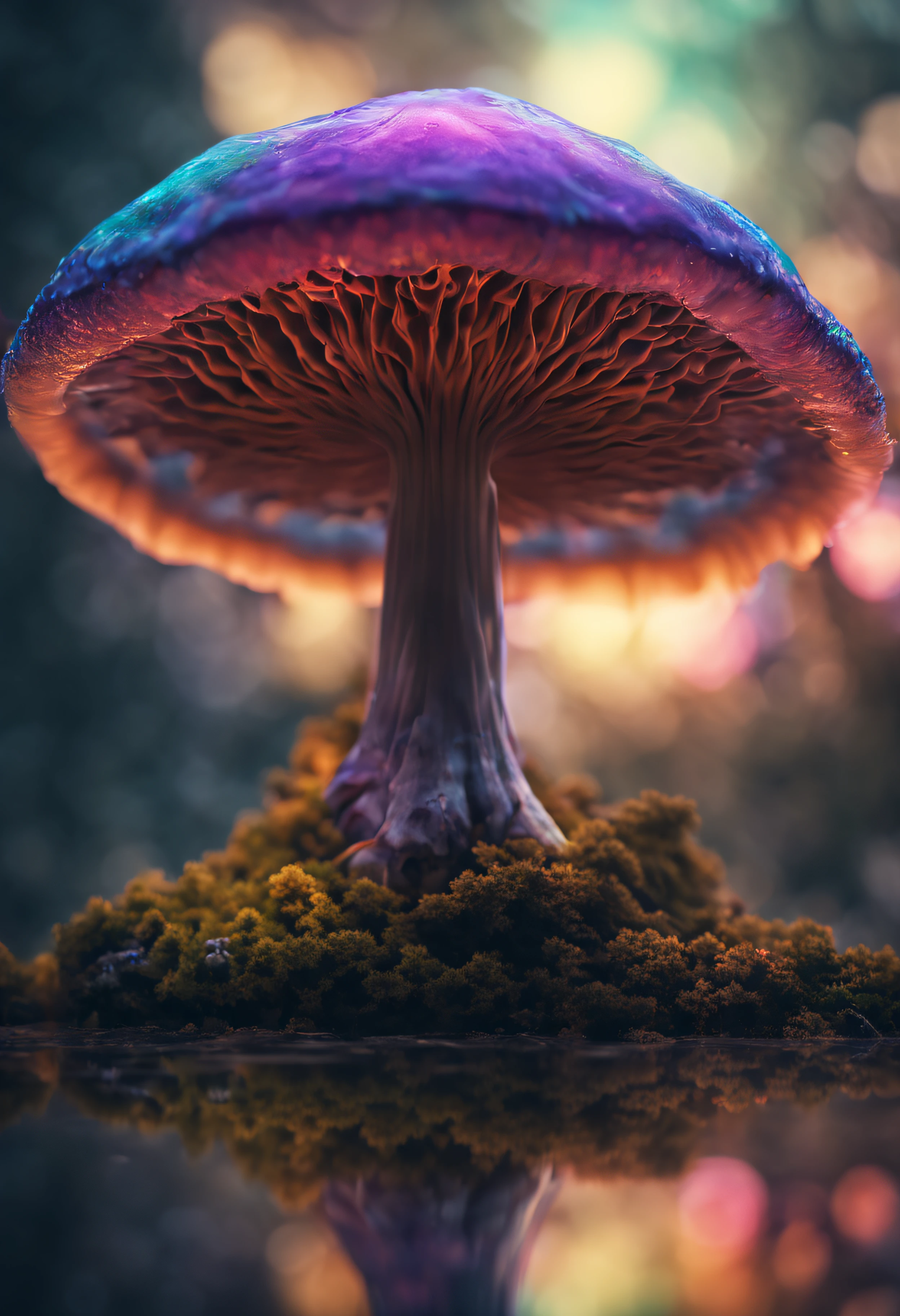 The main mushroom is made of glass、、(((The glass mushroom is filled with rainbow-colored smoke.)))、Mesmerizing surreal movie stills of Alice in Wonderland,、 magical dreamland bokeh background, A fascinating and eerie fantasy world, Illuminates dark shooting scenes with fantastic light。, Otherworldly elements of a familiar story, ether wonderland, mystic atmosphere, Dark magic and dark fantasy realism aesthetics, translucent bioluminescent material、Otherworldly luminescence、((Born in another world、A strangely shaped poisonous mushroom that emits bewitching smoke..,)) Ultra-realistic, (Voronoi pattern, depth of fields, (swirly bokeh:1.275), (Kodak Portra 400:0.875) :1.15), (Realistic and complex futuristic background,), (Turbulent Toxic Vapor:1.2, Magnificent surrealism, iridescent lighting, low key light:1.1), Notable masterpieces, celestial, Ethereal, epicd, Magical Light Flare, Natural, soft dreamy lighting, ((Warm Yellow and Deep Carbon:0.7), (Cinematic Look:1.15):1.15)