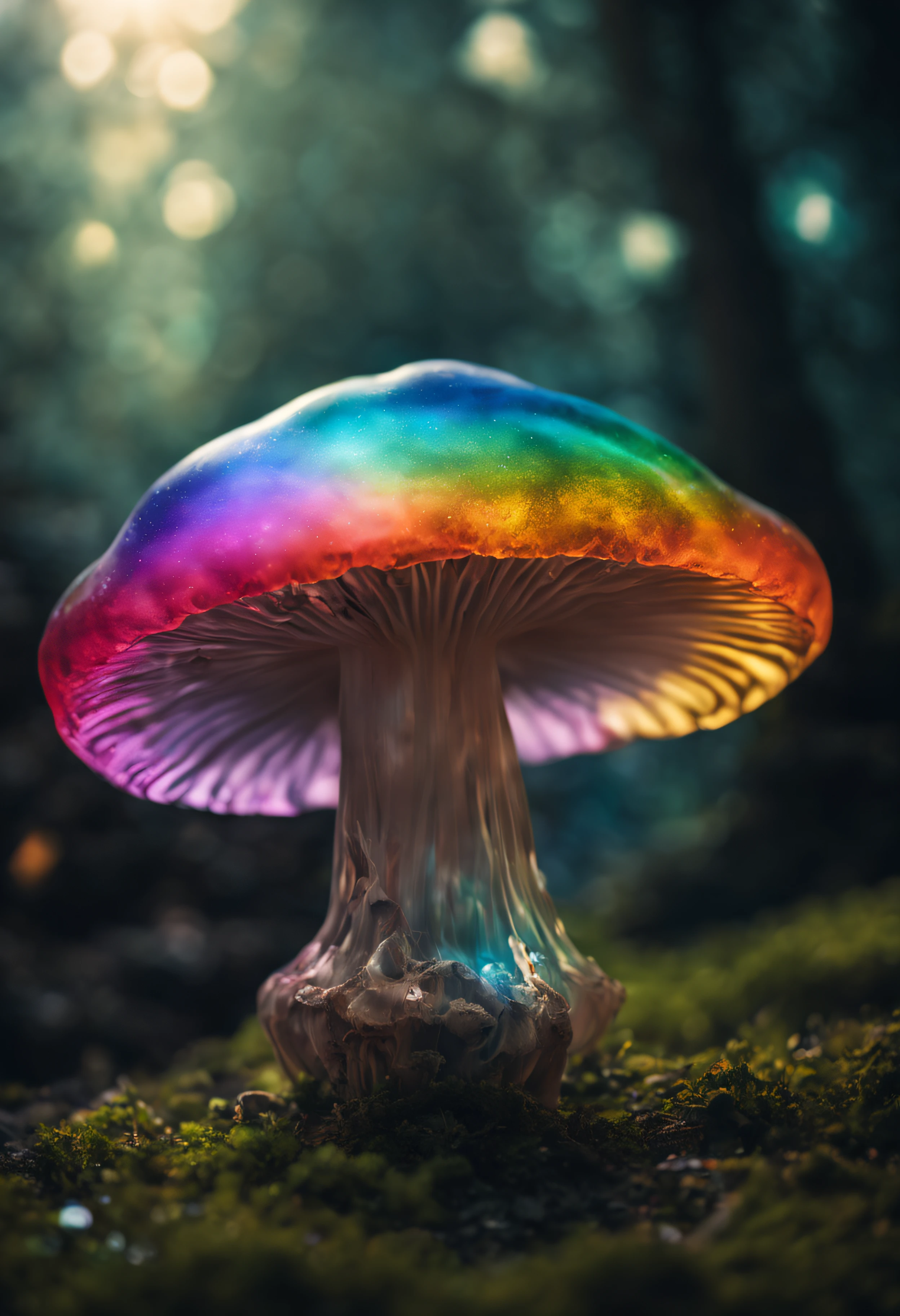 The main mushroom is made of glass、(((The glass mushroom is filled with rainbow-colored smoke.)))、Mesmerizing surreal movie stills of Alice in Wonderland,、 magical dreamland bokeh background, A fascinating and eerie fantasy world, Illuminates dark shooting scenes with fantastic light。, Otherworldly elements of a familiar story, ether wonderland, mystic atmosphere, Dark magic and dark fantasy realism aesthetics, translucent bioluminescent material、Otherworldly luminescence、((Born in another world、A strangely shaped poisonous mushroom that emits bewitching smoke..,)) Ultra-realistic, (Voronoi pattern, depth of fields, (swirly bokeh:1.275), (Kodak Portra 400:0.875) :1.15), (Realistic and complex futuristic background,), (Turbulent Toxic Vapor:1.2, Magnificent surrealism, iridescent lighting, low key light:1.1), Notable masterpieces, celestial, Ethereal, epicd, Magical Light Flare, Natural, soft dreamy lighting, ((Warm Yellow and Deep Carbon:0.7), (Cinematic Look:1.15):1.15)