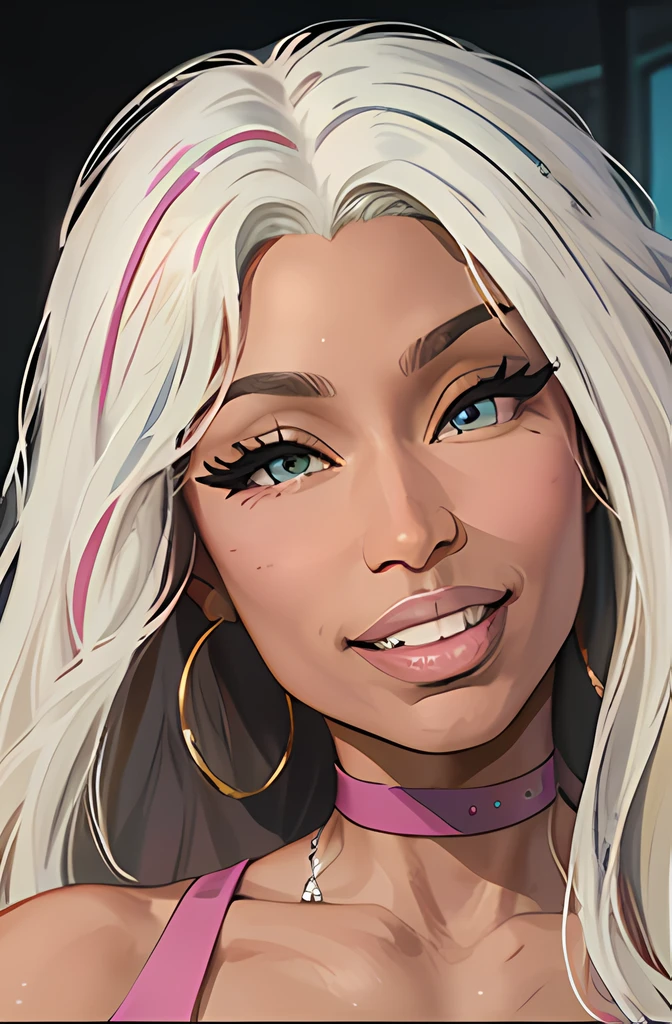 (Nicki Minaj), Best quality, 4k, High Resolution, masterpiece, portrait, 1 girl, long white hair with bangs, hazel eyes, smiling, dark skin