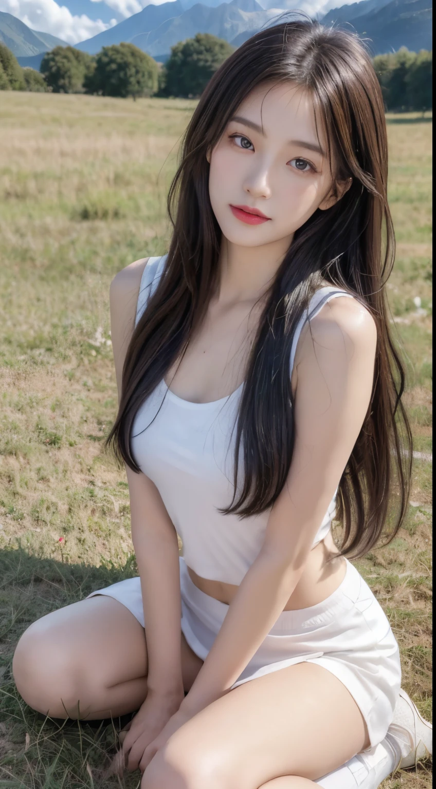 ((best quality, 8k, masterpiece:1.3)), a beautiful girl, pure, melon face, gentle and cute, thin figure, (frontal), (tilted head), looking directly into the camera, [detached sleeves::0], [collared shirt::0], [capri pants::0], black silky long straight hair, long hair flowing over the shoulders, round black big eyes, clear big eyes, moist red lips, sweet smile, sitting, hands on knees, Blue sky and white clouds, sunshine, grassland, mountain peaks, northern view of Tibetan grassland