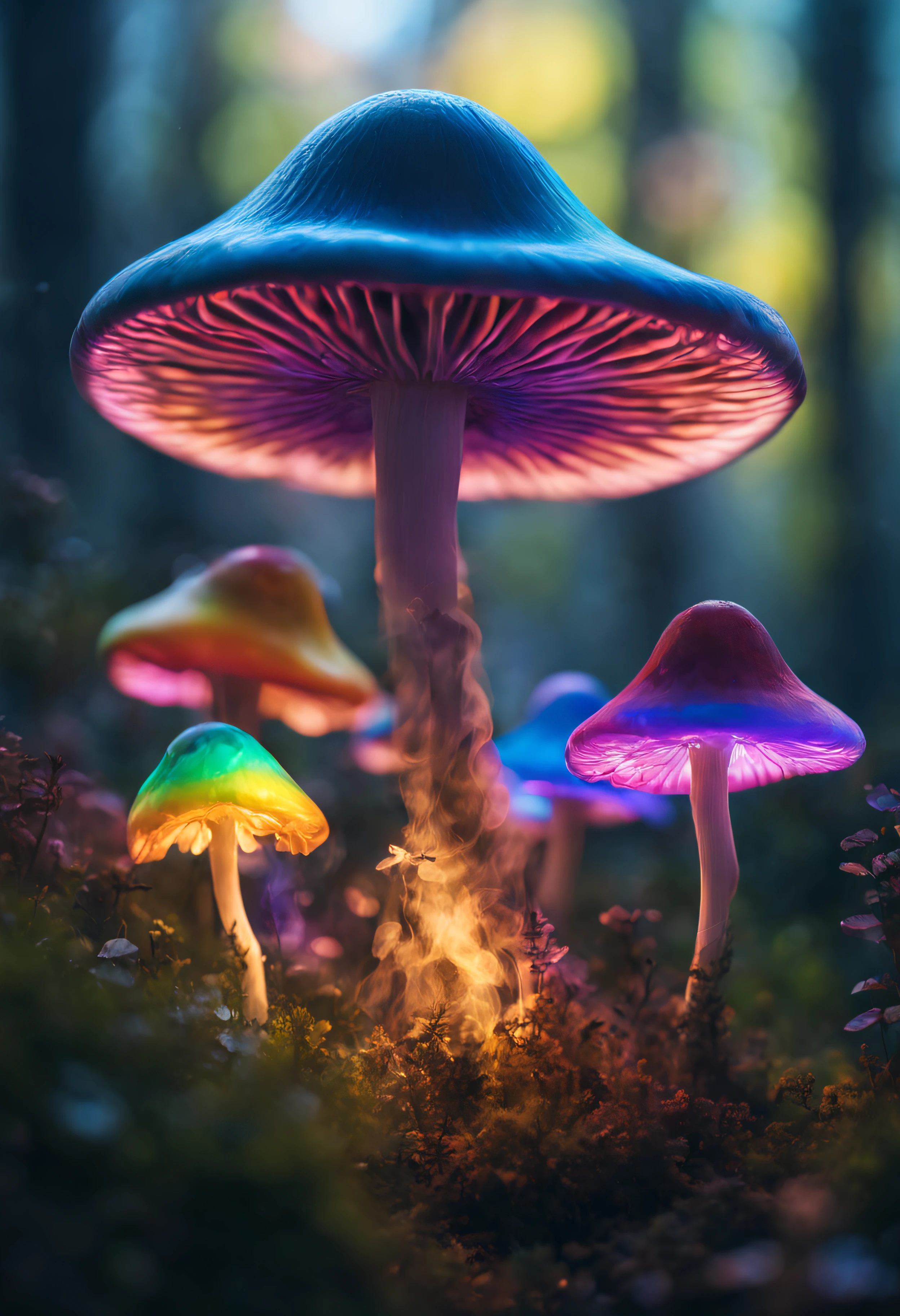 The main mushroom is made of glass、、(((The glass mushroom is filled with rainbow-colored smoke.)))、Mesmerizing surreal movie stills of Alice in Wonderland,、 magical dreamland bokeh background, A fascinating and eerie fantasy world, Illuminates dark shooting scenes with fantastic light。, Otherworldly elements of a familiar story, ether wonderland, mystic atmosphere, Dark magic and dark fantasy realism aesthetics, translucent bioluminescent material、Otherworldly luminescence、((Born in another world、A strangely shaped poisonous mushroom that emits bewitching smoke..,)) Ultra-realistic, (Voronoi pattern, , (swirly bokeh:1.275), (Kodak Portra 400:0.875) :1.15), (Realistic and complex futuristic background,), (Turbulent Toxic Vapor:1.2, Magnificent surrealism, iridescent lighting, low key light:1.1), Notable masterpieces, celestial, Ethereal, epicd, Magical Light Flare, Natural, soft dreamy lighting, ((Warm Yellow and Deep Carbon:0.7), (Cinematic Look:1.15):1.15)