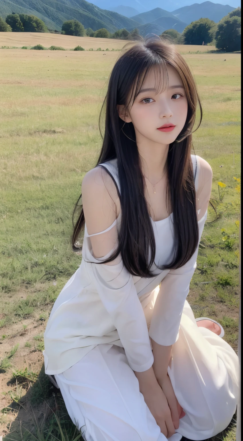 ((best quality, 8k, masterpiece:1.3)), a beautiful girl, pure, melon face, gentle and cute, thin figure, (frontal), (tilted head), looking directly into the camera, [detached sleeves::0], [collared shirt::0], [capri pants::0], black silky long straight hair, long hair flowing over the shoulders, round black big eyes, clear big eyes, moist red lips, sweet smile, sitting, hands on knees, Blue sky and white clouds, sunshine, grassland, mountain peaks, northern view of Tibetan grassland