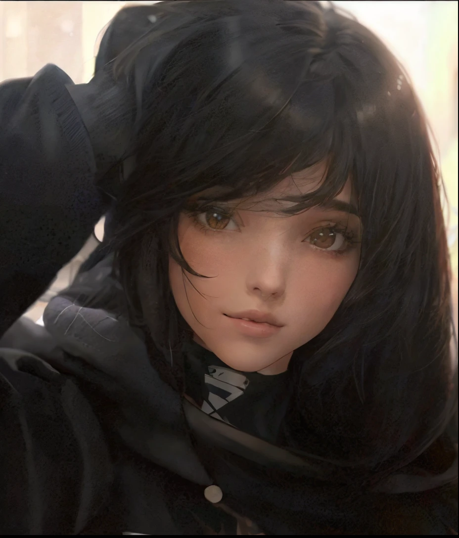 Mujer arafed con pelo largo y negro y sudadera con capucha., Ella tiene el pelo negro con flequillo, flequillo negro, cabello negro y flequillo blanco, Flequillo completo, Ella tiene el pelo negro, Cabello largo y oscuro con flequillo, Cabello largo y negro con flequillo, cabello negro y ojos grandes, con flequillo, flequillo desordenado, con flequillo completo, cabello blackbangs cabello, sonrisa sensual