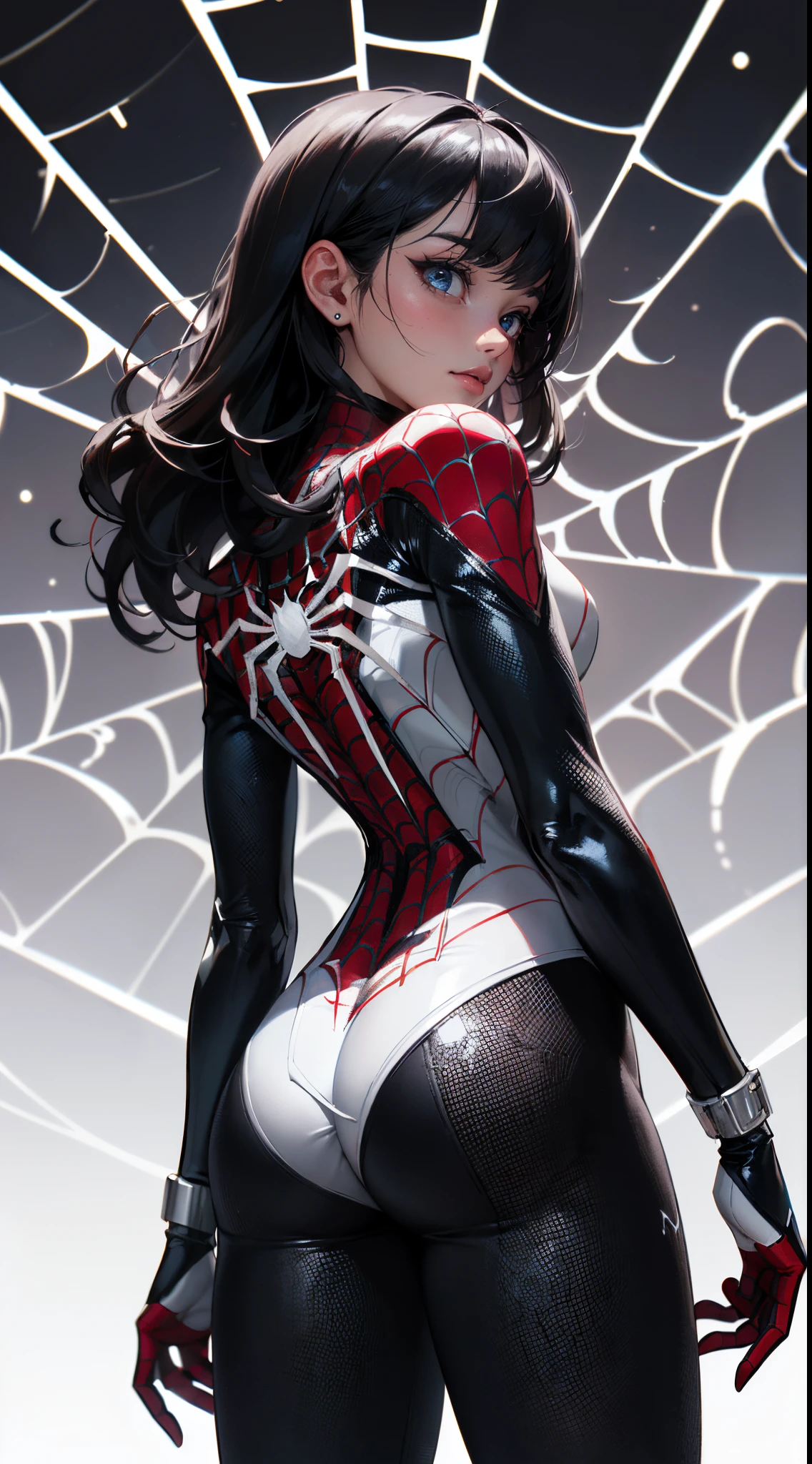 rear view, backside view,(obra maestra、4k-resolution、Un hiperrealista、ighly detallado、Dale la espalda), (White superhero theme、carisma、There&#39;s a girl dressed as white spider-man over the city.、de espaldas。she is a superhero)、 [((25-years old)、(Pelo largo y negro de cola de caballo:1.2)、cuerpo completo Esbian、(ojos azules:1.2))、((Entorno urbano arenoso):0.8)|(Un paisaje urbano、Noche、dynamic light)、(luna llena)]#ilustrar:Indications are mainly ultra high definition、Muy real、Describe pinturas 4K altamente detalladas。A superheroine in a white Spiderman costume is depicted high above the city.。The subject of the photo is black superheroes。(spider web woven background:1.4),(fondo ciudad rascacielos Tokio apocalyptic:1.4)