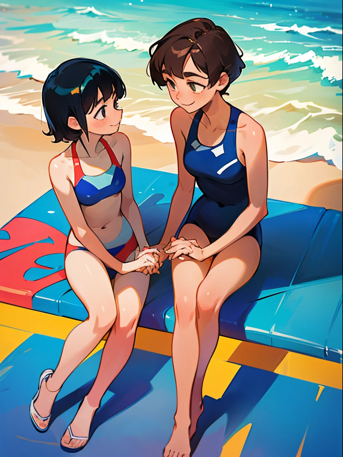 two people, sitting, next to each other, beach, sunshine, holding hands, wearing swimsuits, height difference, tall and short