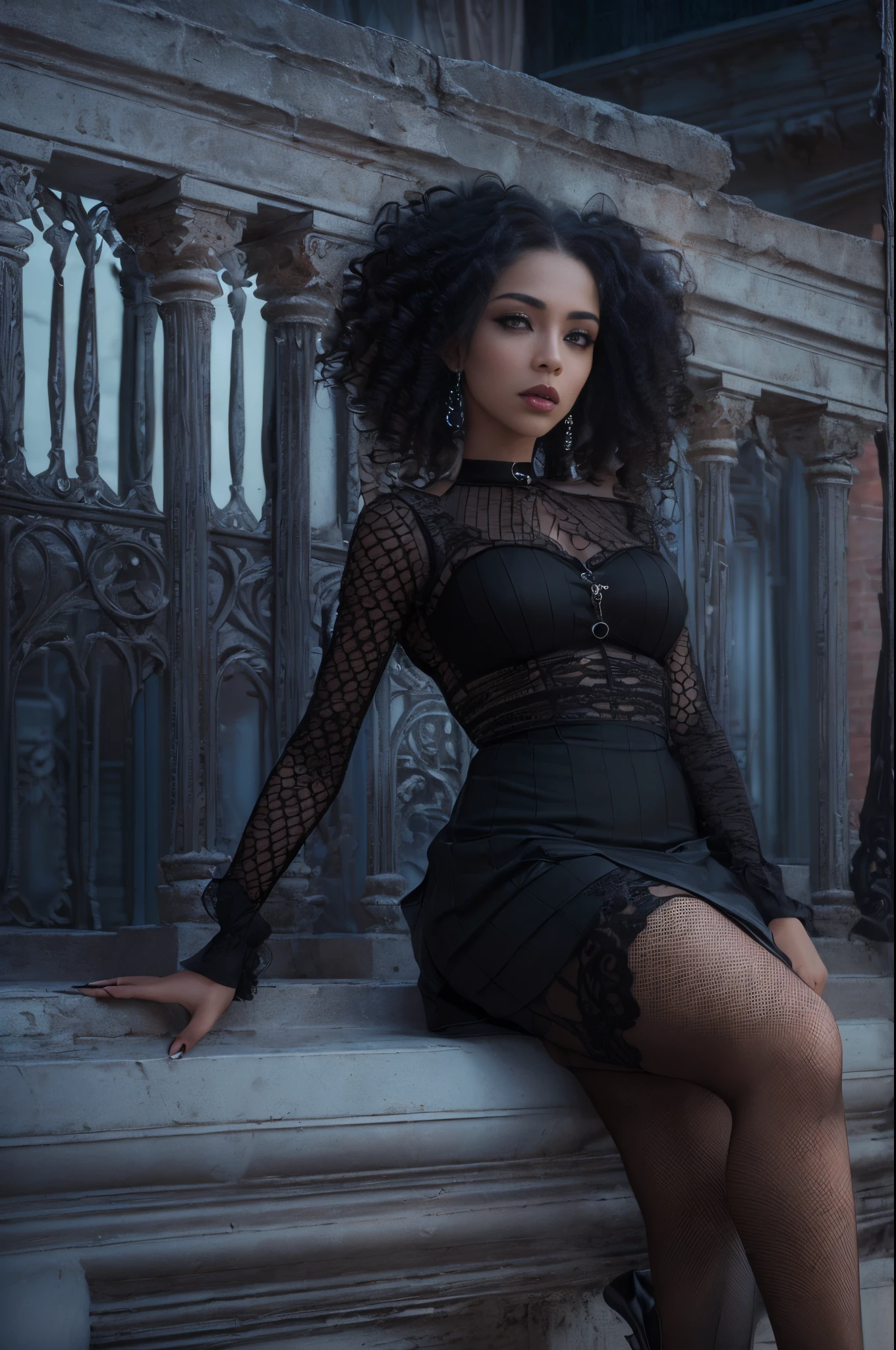 (best quality, 4k, 8k, highres, masterpiece:1.2), ultra-detailed, (realistic,photorealistic,photo-realistic:1.37), gorgeous light skin black woman, vampire, seductive gaze, elegant posture, gothic background, sensual beauty, gothic fashion, black gothic miniskirt, pantyhose, dark colors, moody lighting, full body pose