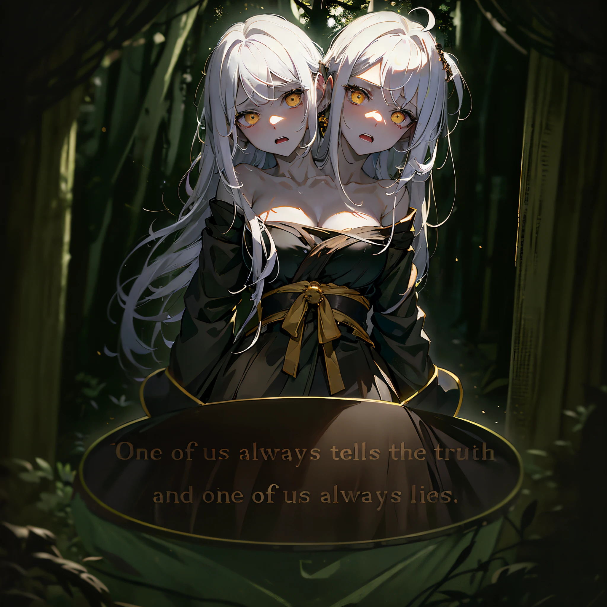 (masterpiece, best quality), best resolution, (2heads:1.5), 1girl, white hair, yellow eyes, stoic, eerie, open mouth, talking to the viewer, tattered hermit robe, woodland cottage, night, dark environment, ominous atmosphere, portrait