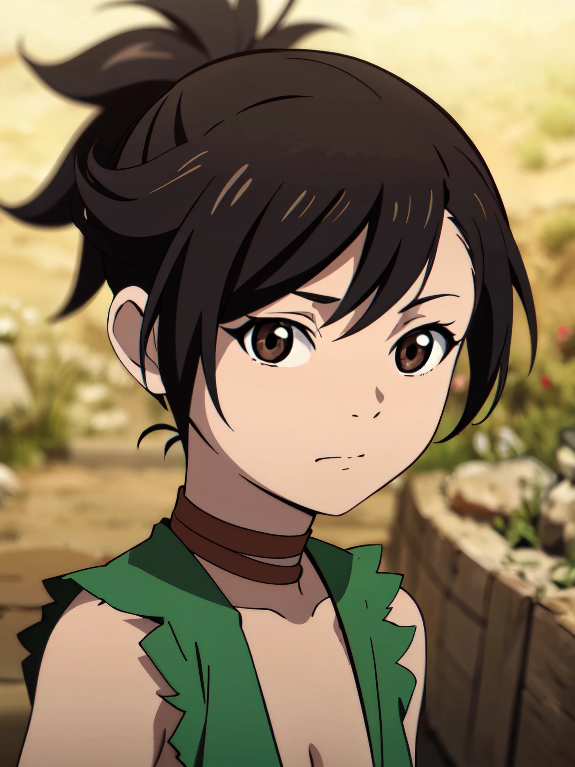 masterpiece, best quality, movie still, 1girl, solo, looking at viewer, , depth of field, anime coloring, dororo, black hair, brown eyes, ponytail, short hair