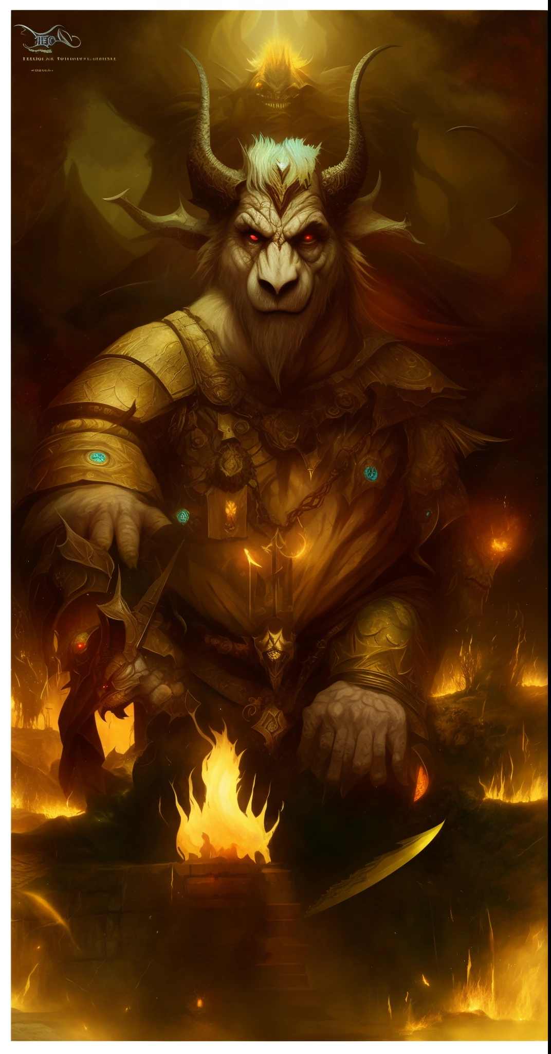 there is a large creature with horns and a knife in its hand, fat ripped satanic creature, epic full color illustration, Fungal Deus, um monstro de cardo humanoide, Symmetrical Epic Fantasy Art, an ominous fantasy illustration, the beast of judgement, no estilo da arte da fantasia sombria, Epic Fantasty Card Game Art, Criatura de Golem de Fogo, nightmarish illustration