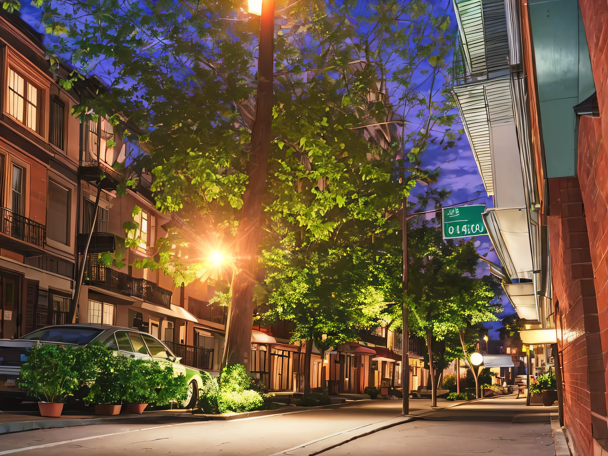 low angle photograph shot, ISO 100, long exposure shot, urban city street, trees growing next to symmetrical buildings, south American city in the 1900's era, urban city with green areas, a car parked next to a building exit, light pole in the middle of the sidewalk, style of colonial, realistic residential buildings, vegetation growing around the perfectly symmetrical buildings, 8k, masterpiece,