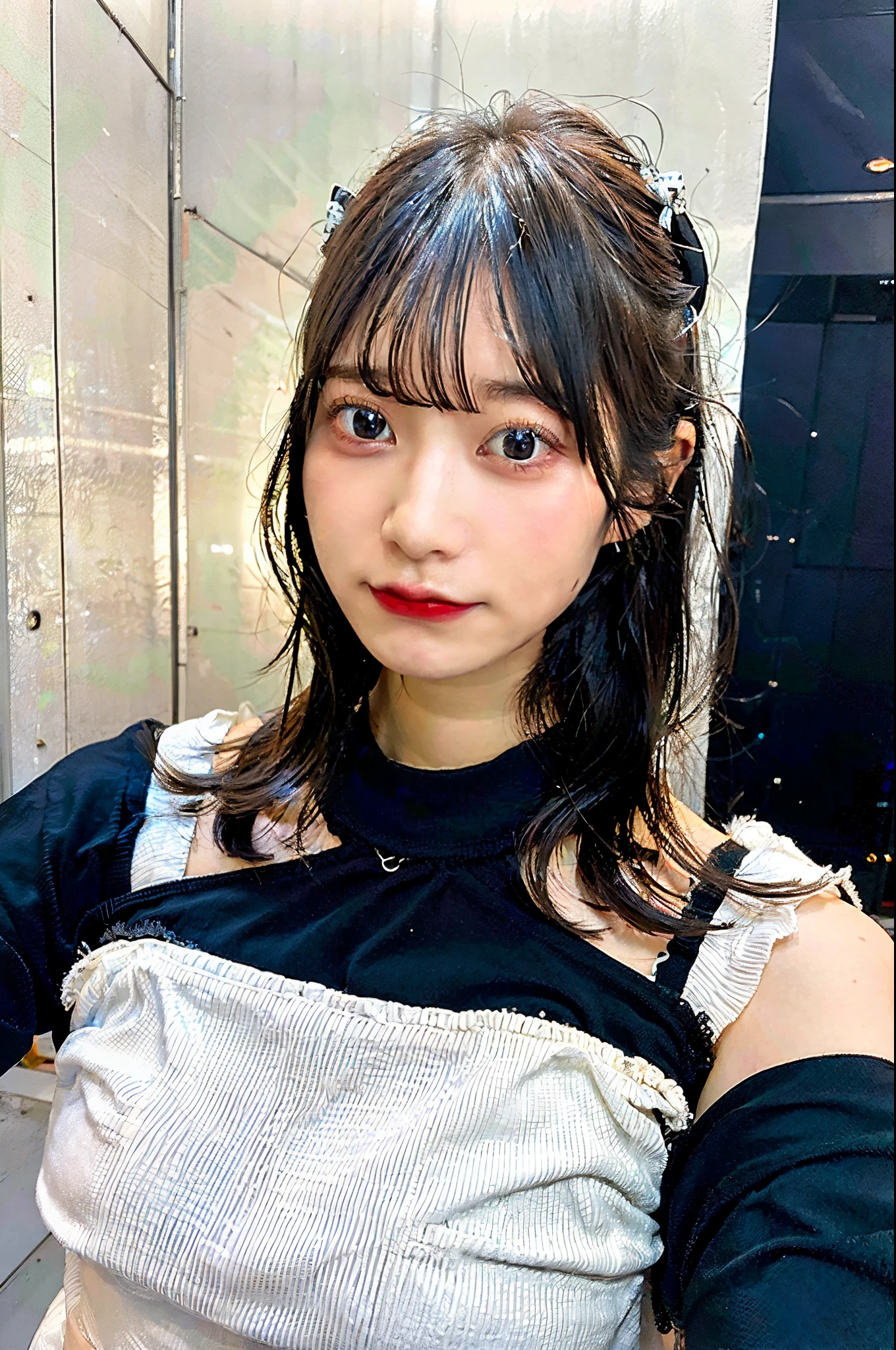 best quality, ultra high res, (photorealistic:1.4), 1girl, off-shoulder white shirt, black tight skirt, black choker, (faded ash gray hair:1), (huge breasts:1.2), looking at viewer, closeup ,
