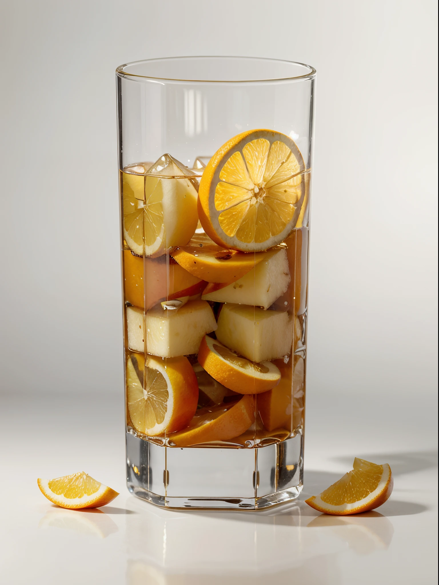 (Best quality,8K,Masterpiece:1.3),NOhumans,Clear glass,There are a lot of sliced pear in it、Oranges cut into cubes, blend, detalhe poderoso, intense detail, on the white background, Clear detail, professional,(Hyper-realistic:1.3)