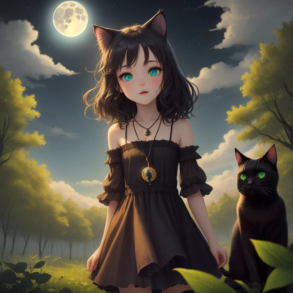 A deep forest pendant the night, il y a une lune avec des nuages, un chat ???? avec des yeux verts, une fille gothique aux yeux noisette, des cheveux noirs et ondulés